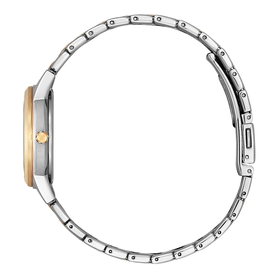 Side view of a silver and gold wristwatch on a white background.