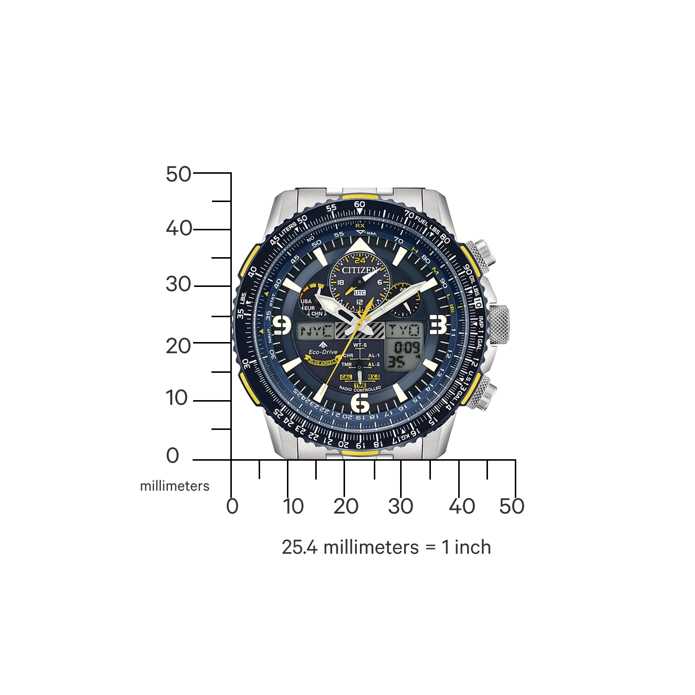 Citizen watch with blue face, yellow accents, and digital display showing time.