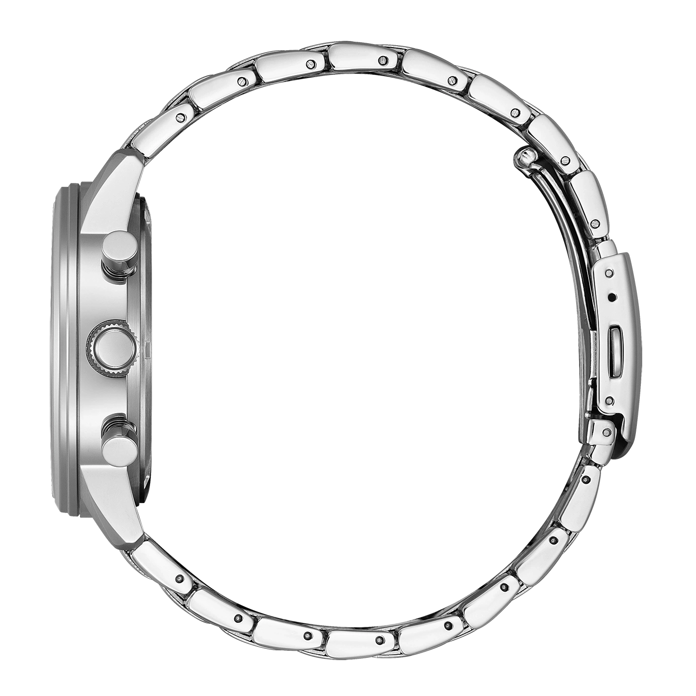 Side view of a silver watch with a metal band.