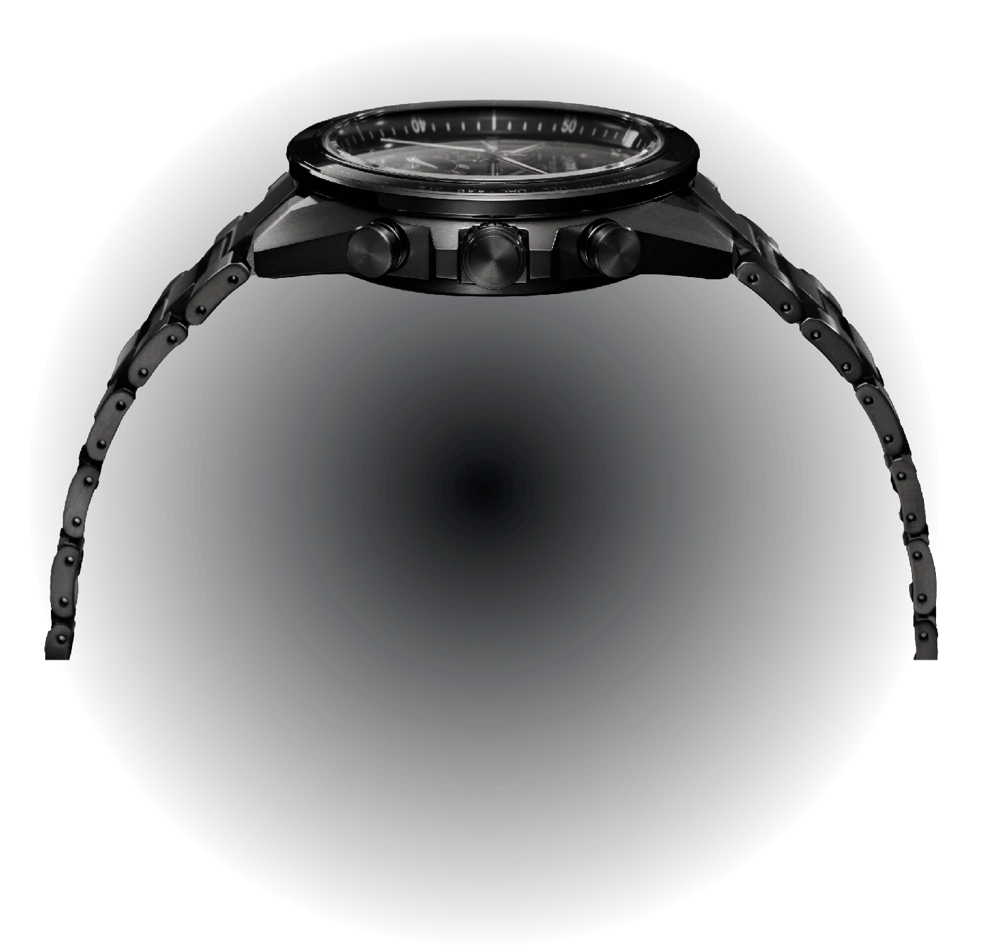Black watch with a metal band, side view, on a black background.