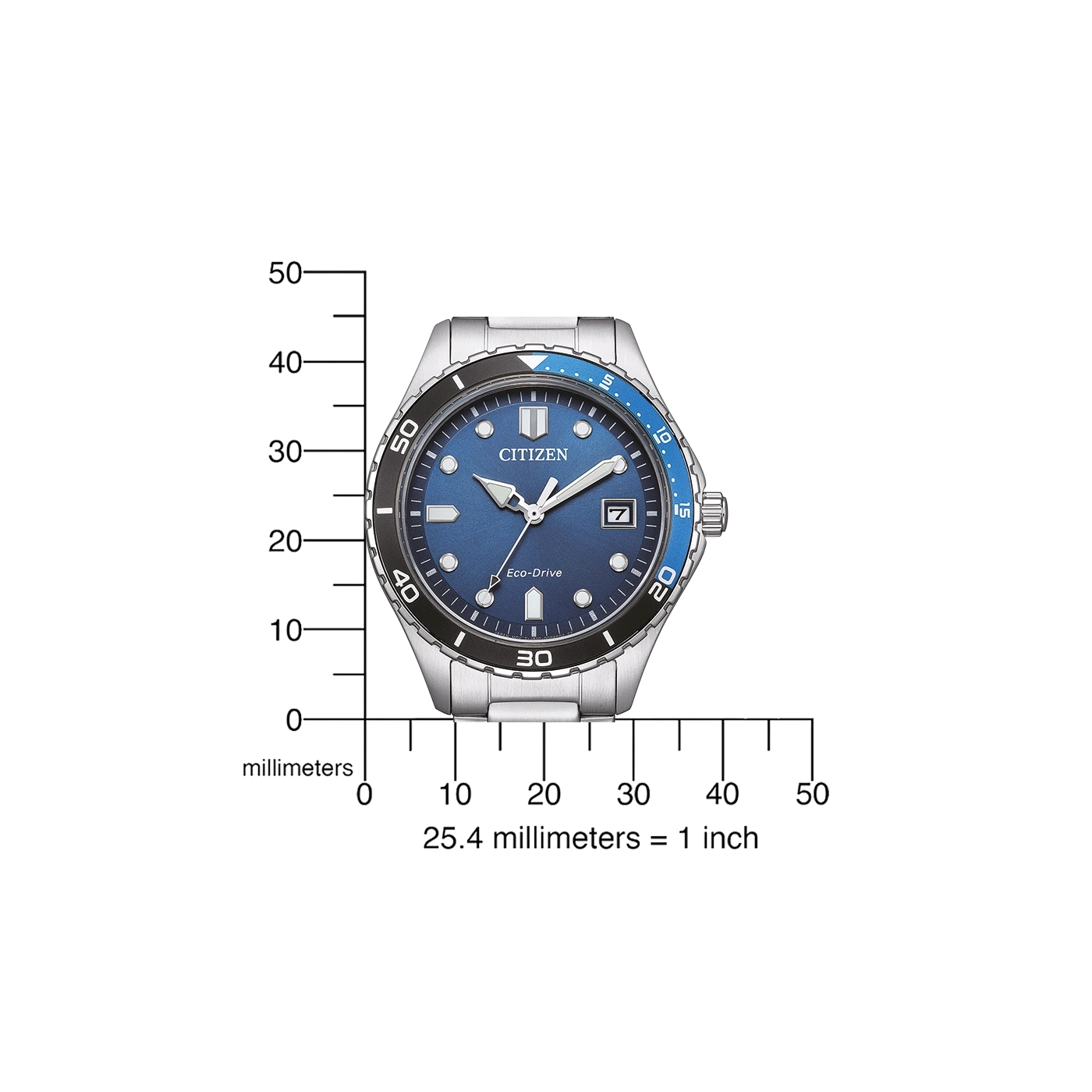 Citizen watch with blue face, black and blue bezel, and silver band. Eco-Drive.