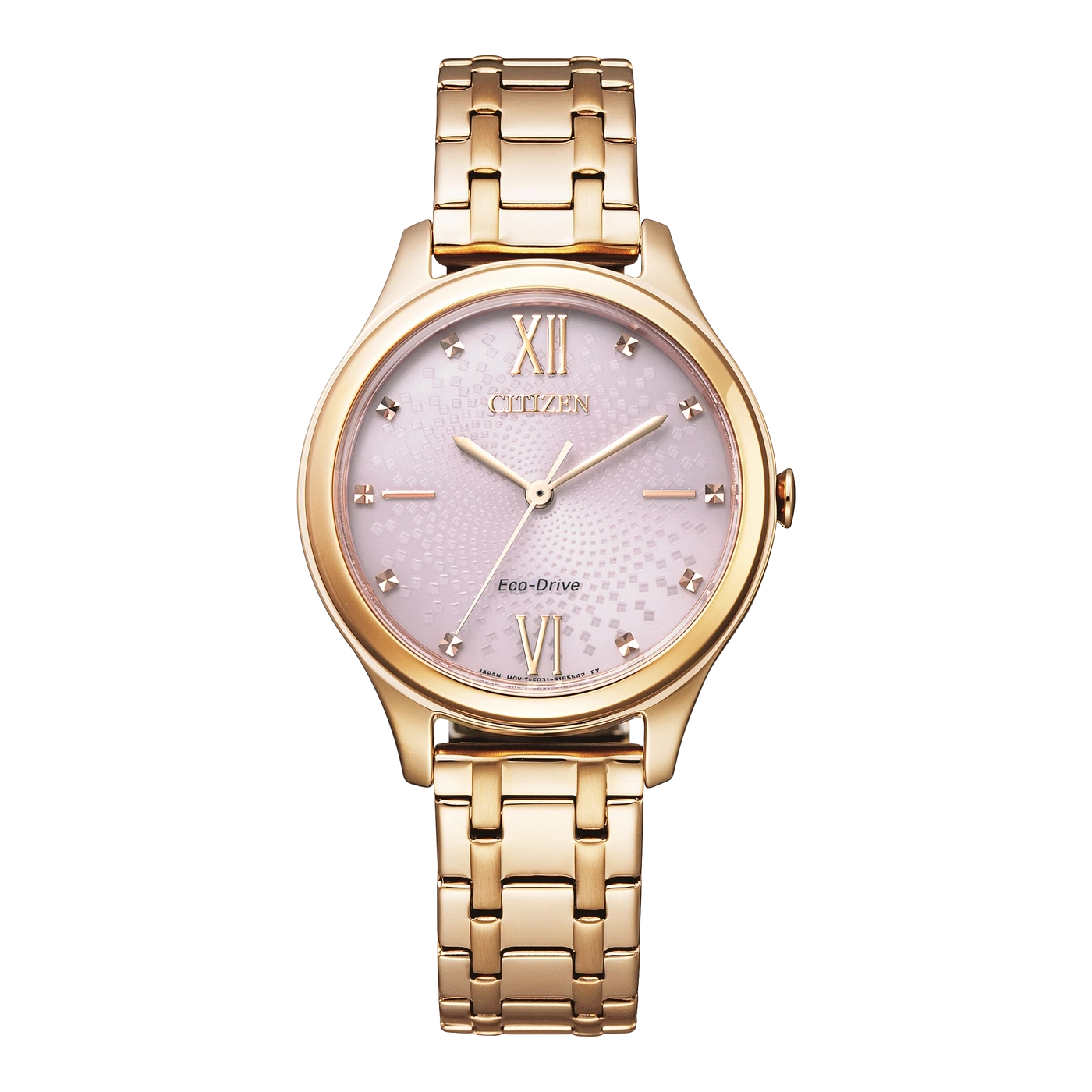 Gold Citizen watch with a pink face and gold bracelet, elegant design.