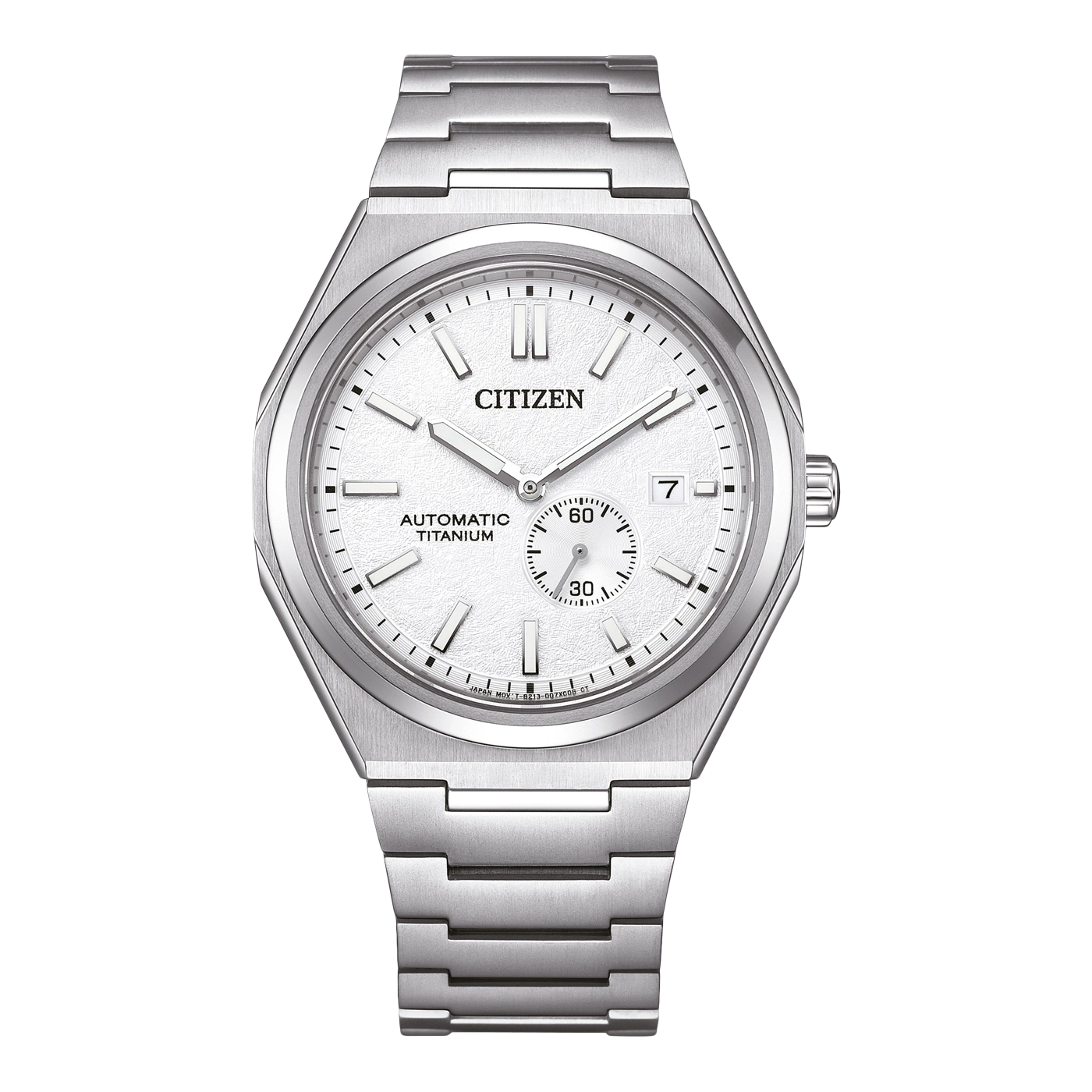 Citizen watch with white face, automatic titanium, and date display.