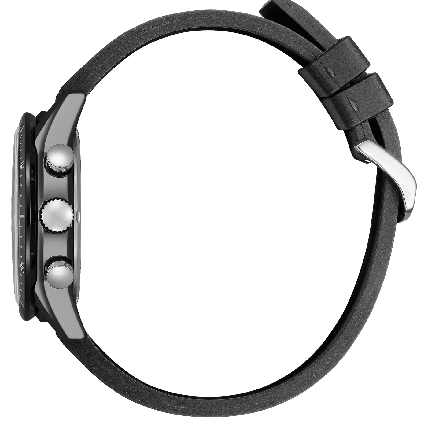 Side view of a black watch with a black strap and silver details.