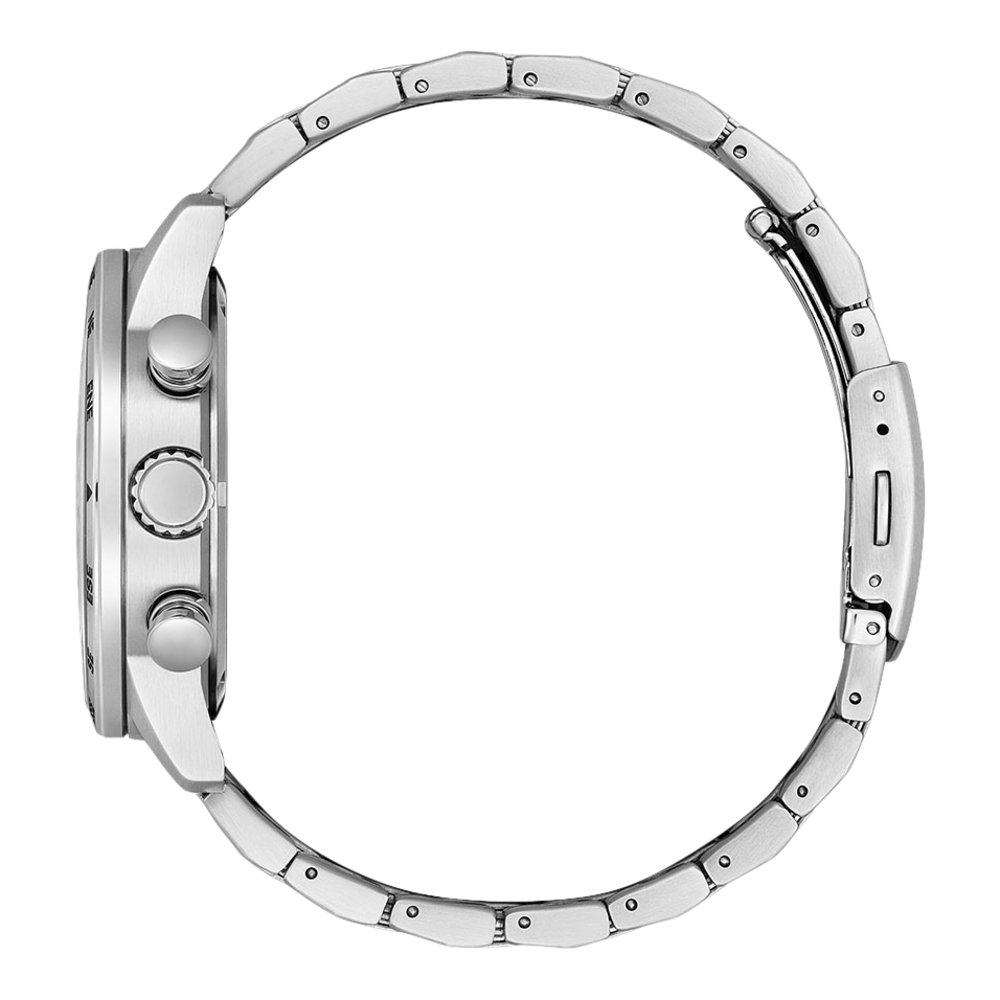 Side view of a silver watch with a metal strap and buttons.