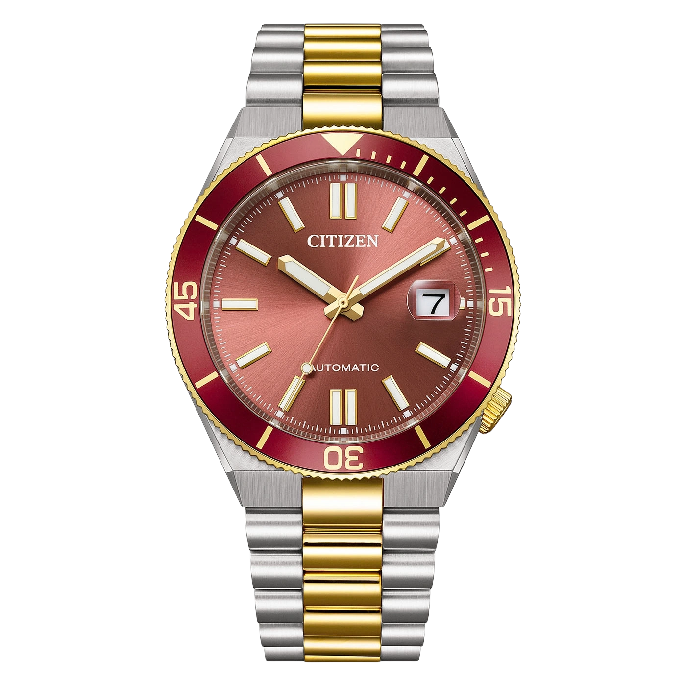 A close-up of a Citizen automatic watch with a red dial and gold accents.