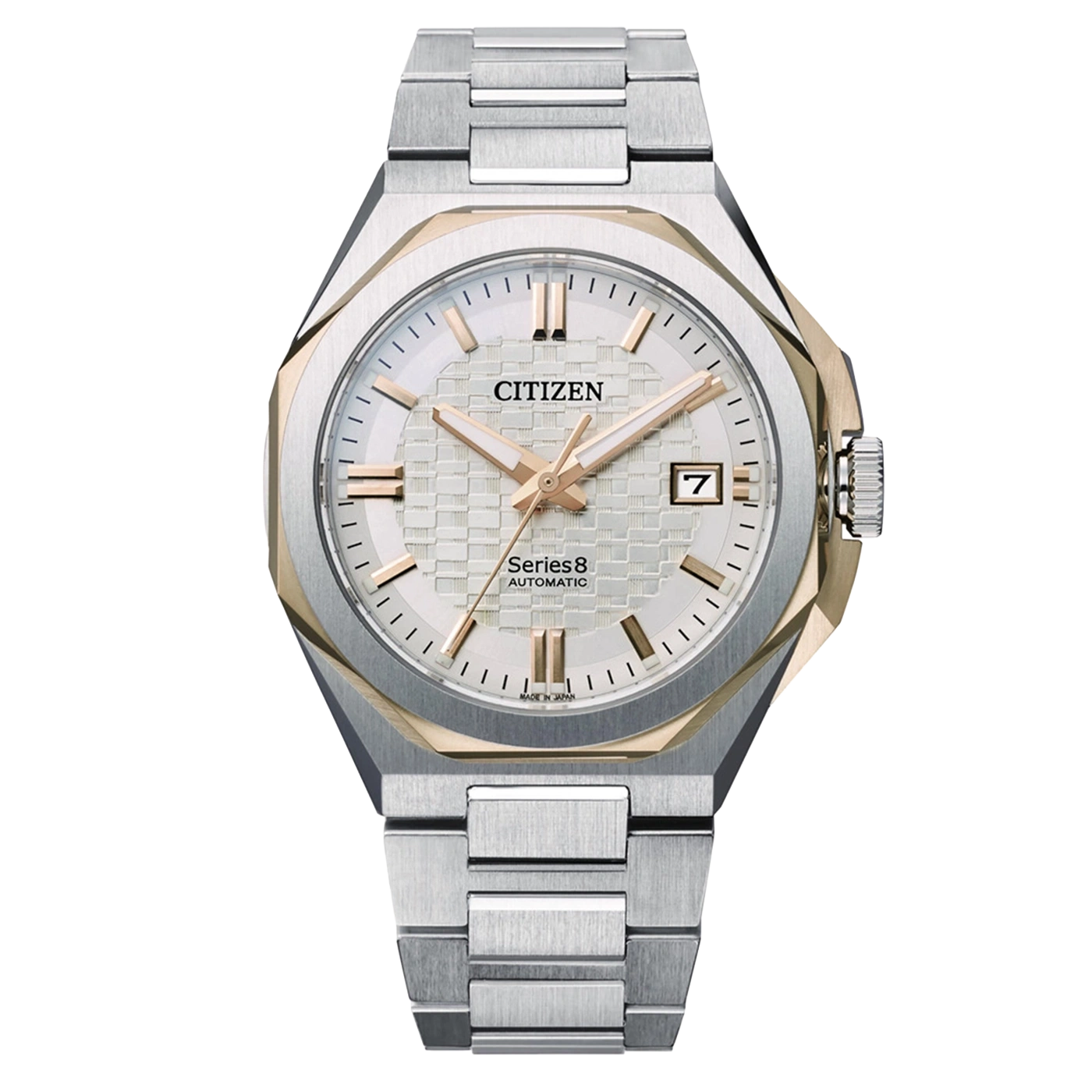 A Citizen Series 8 automatic watch with a silver and gold case and bracelet.