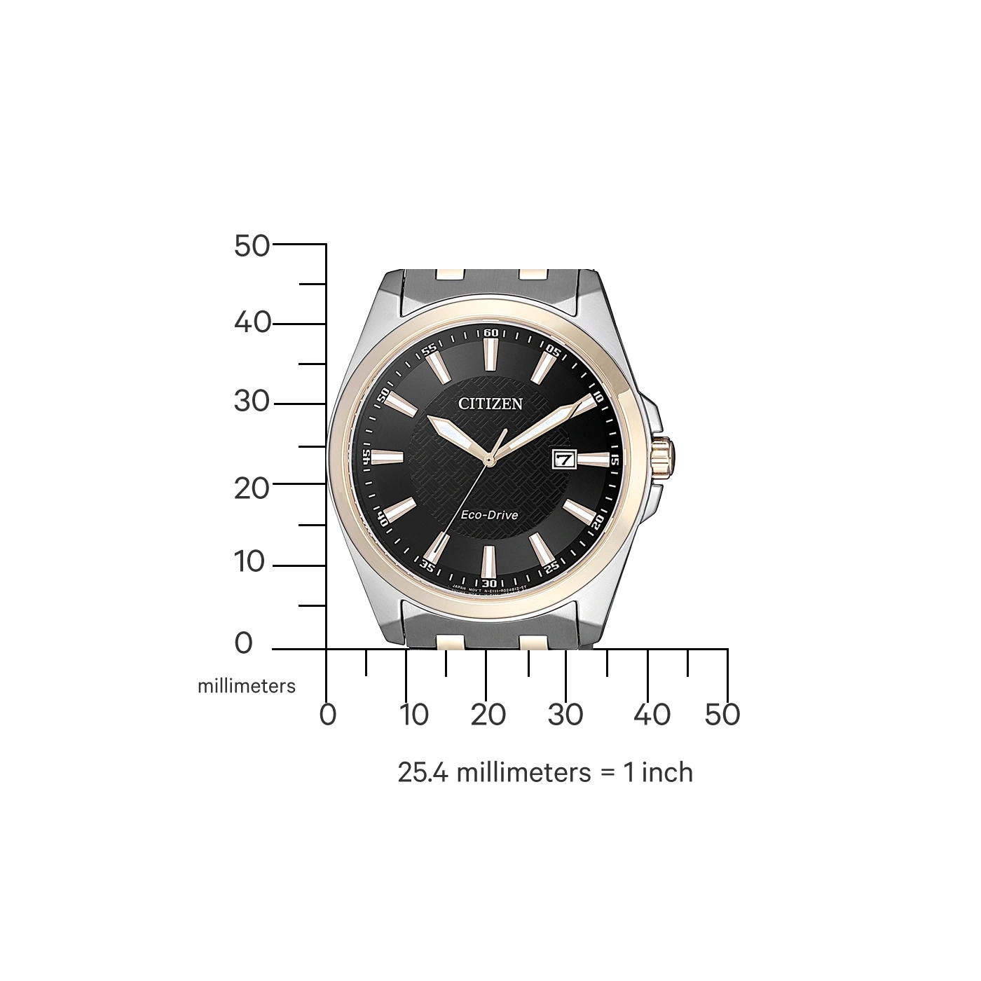 Citizen watch with black face and gold accents, with a ruler for scale.