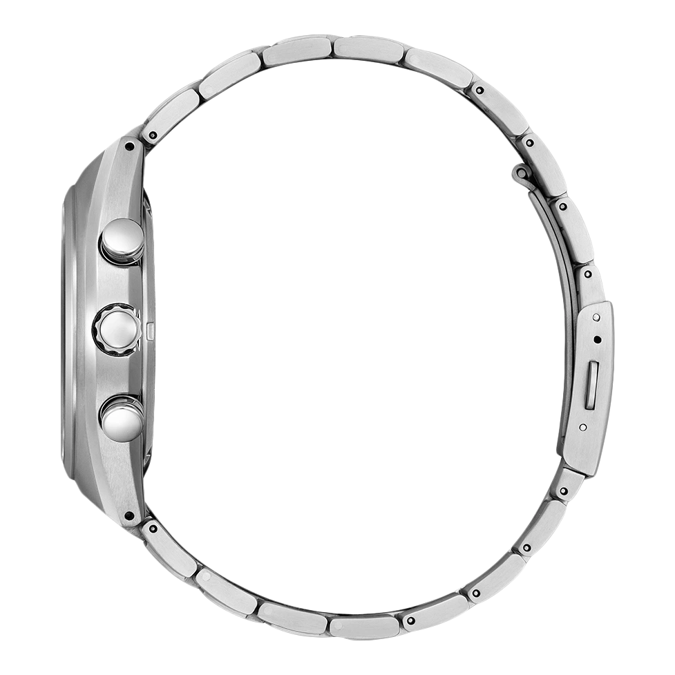 Side view of a silver wristwatch with a metal band and three buttons.