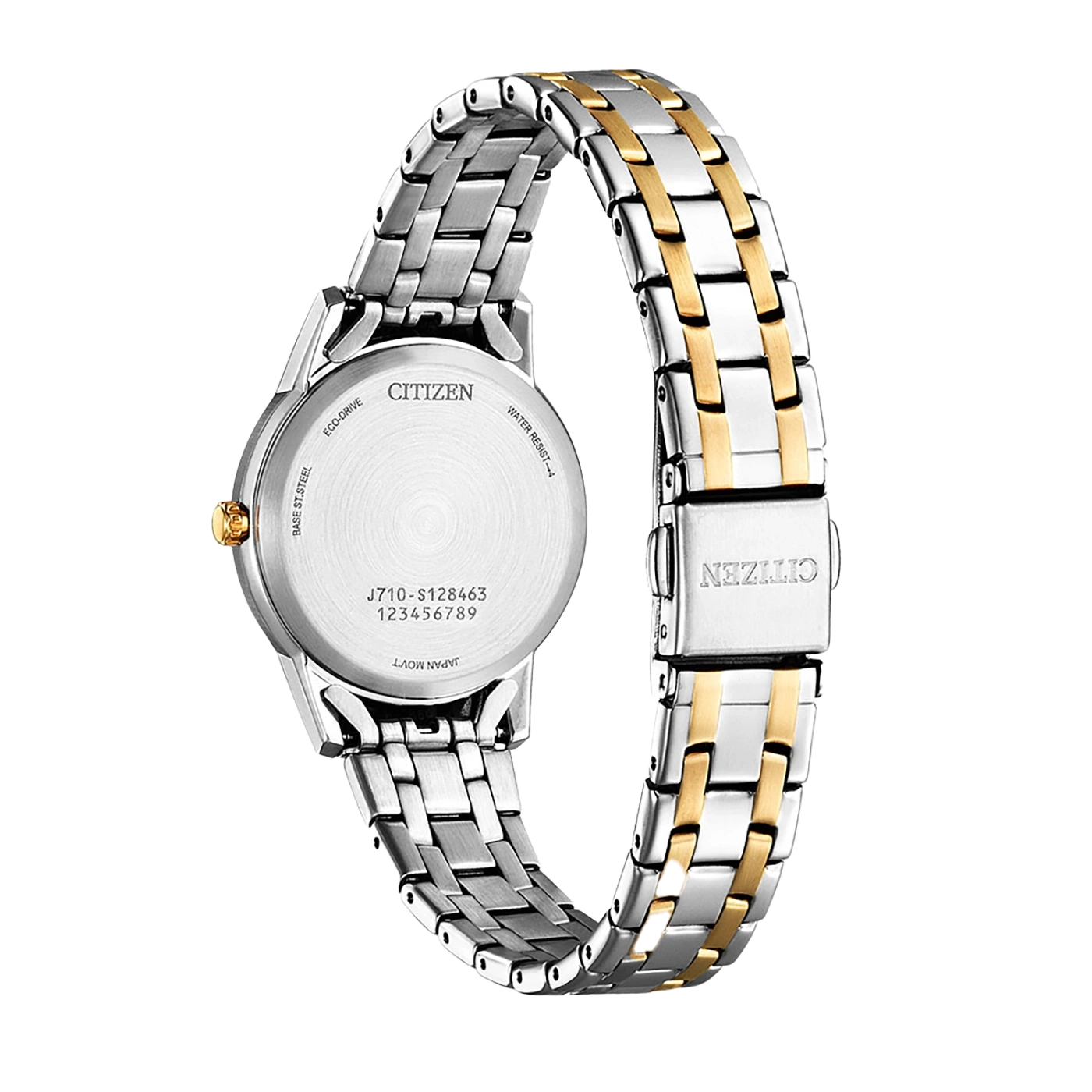 Citizen watch back, silver and gold bracelet, Eco-Drive, water resistant, Japan movt.