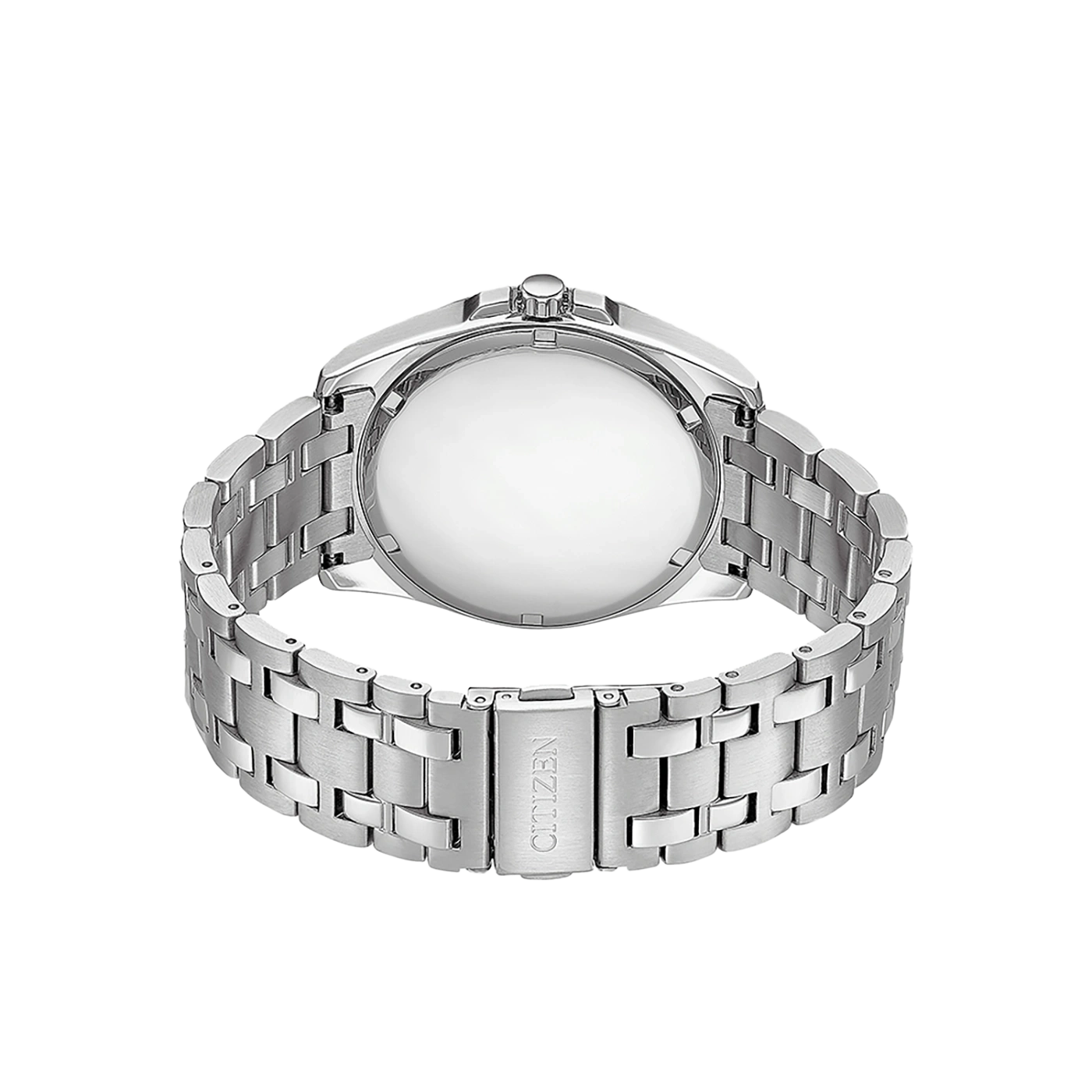 Citizen watch back view, stainless steel bracelet, silver color, close-up shot