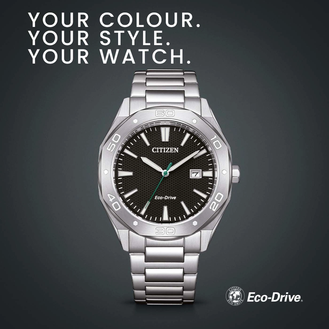 Citizen watch with black face and silver band, Eco-Drive technology.