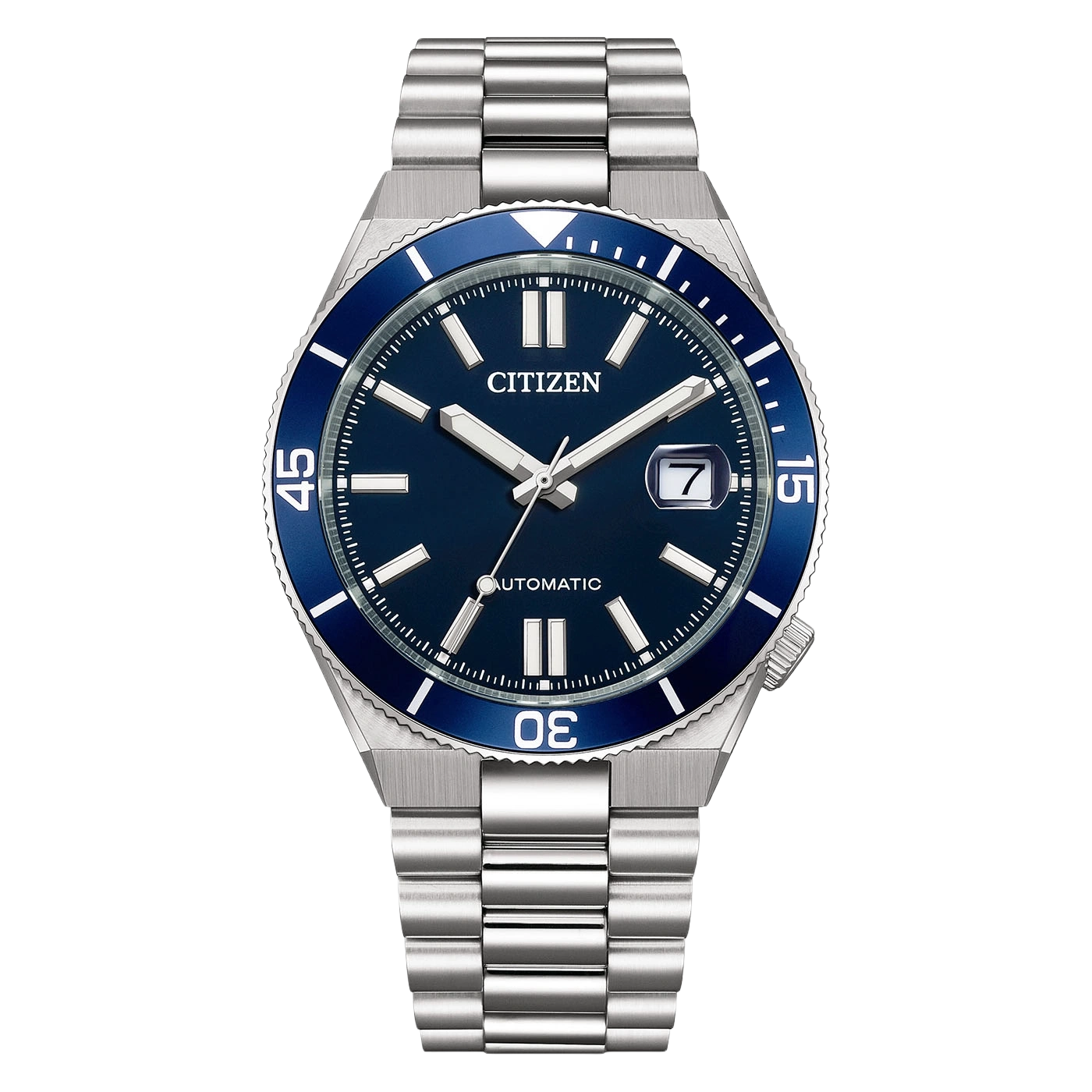 A blue Citizen automatic watch with a stainless steel band.