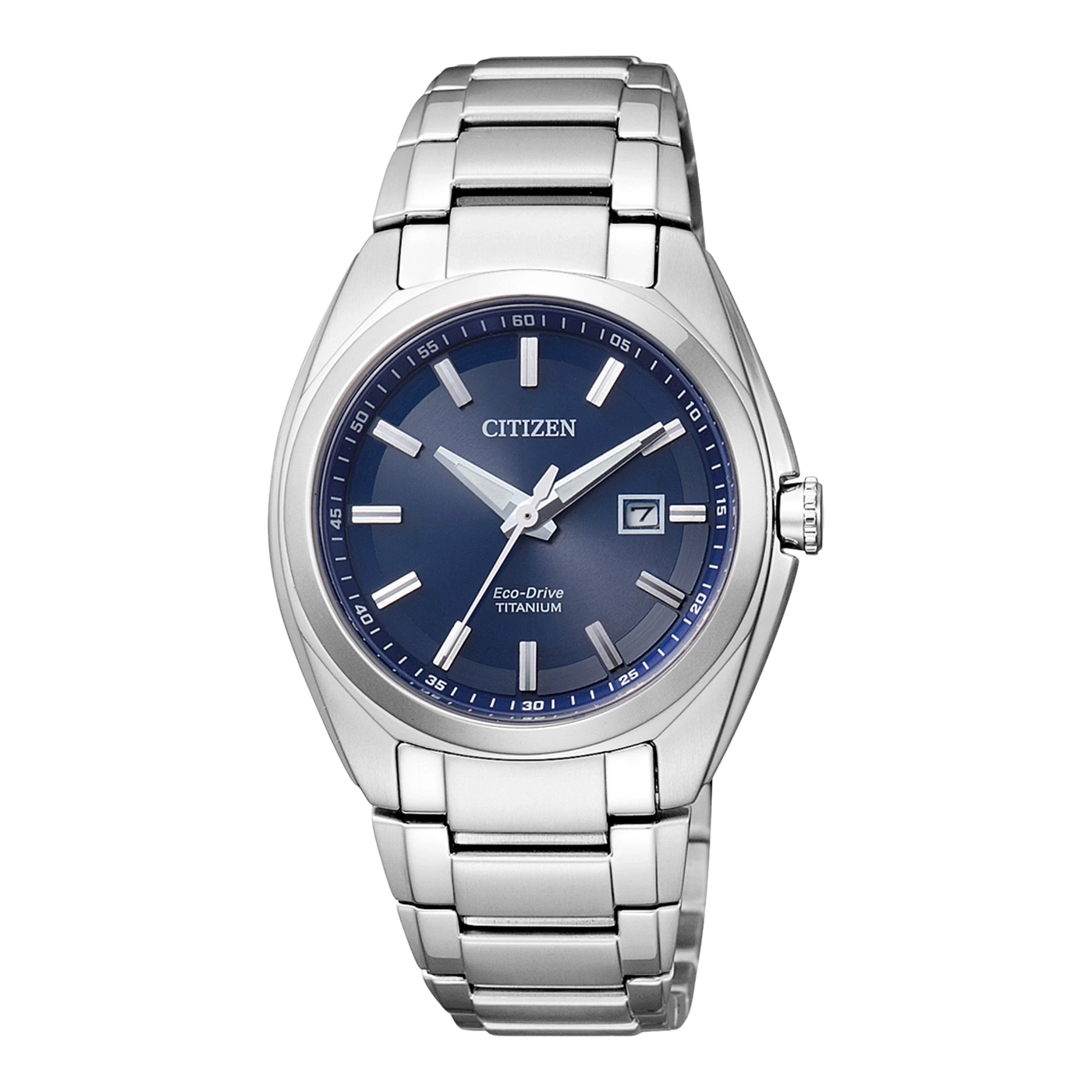 Citizen watch with a blue dial and titanium strap, Eco-Drive technology.