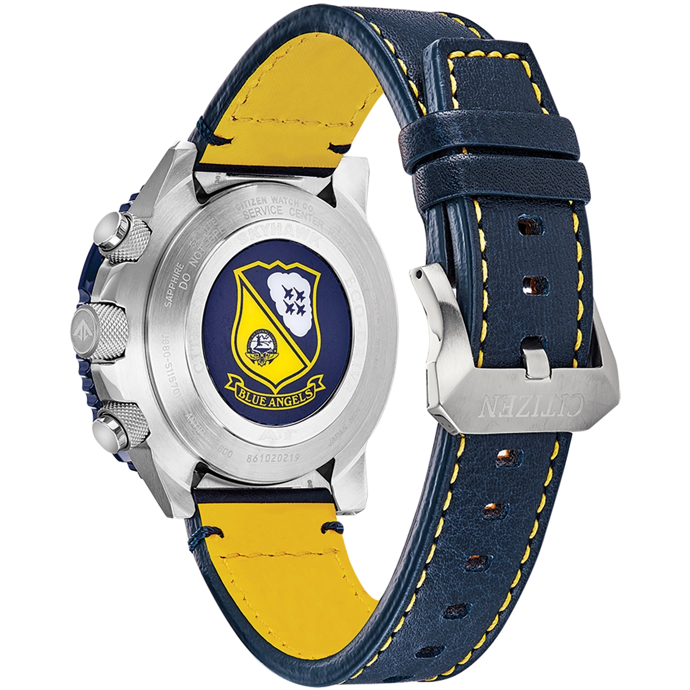 Citizen Blue Angels watch, navy leather strap, yellow stitching, back view, logo.