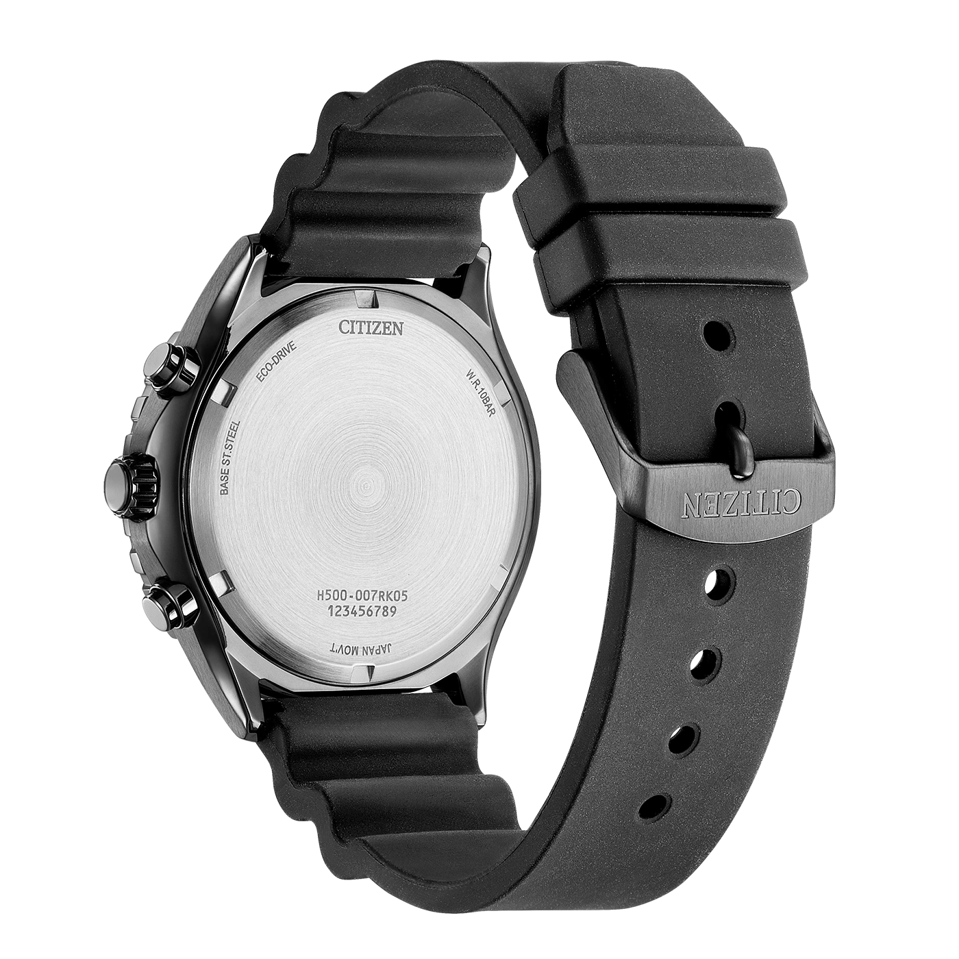 Citizen watch with black strap, back view, showing details and markings.