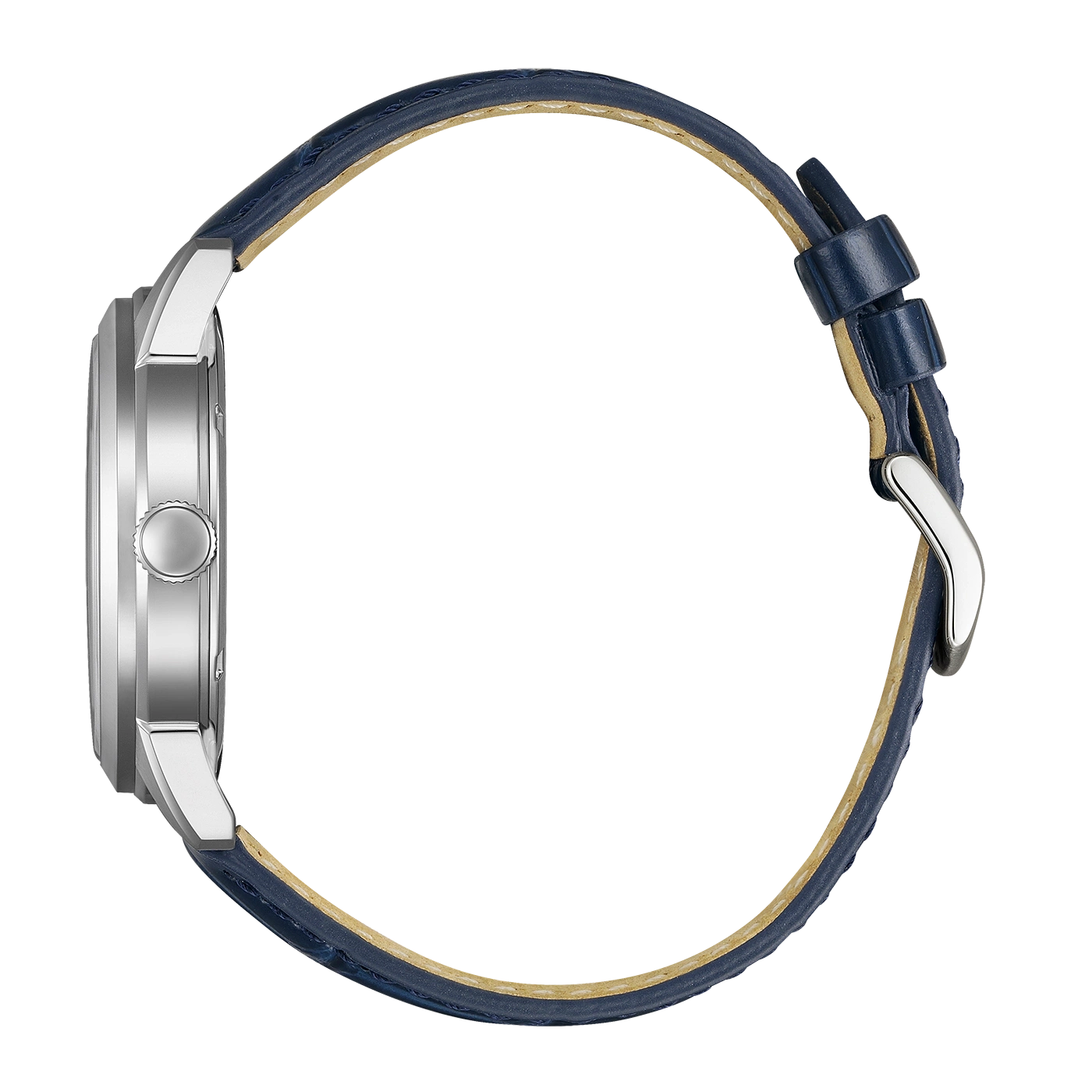 Side view of a silver watch with a blue leather strap and buckle.