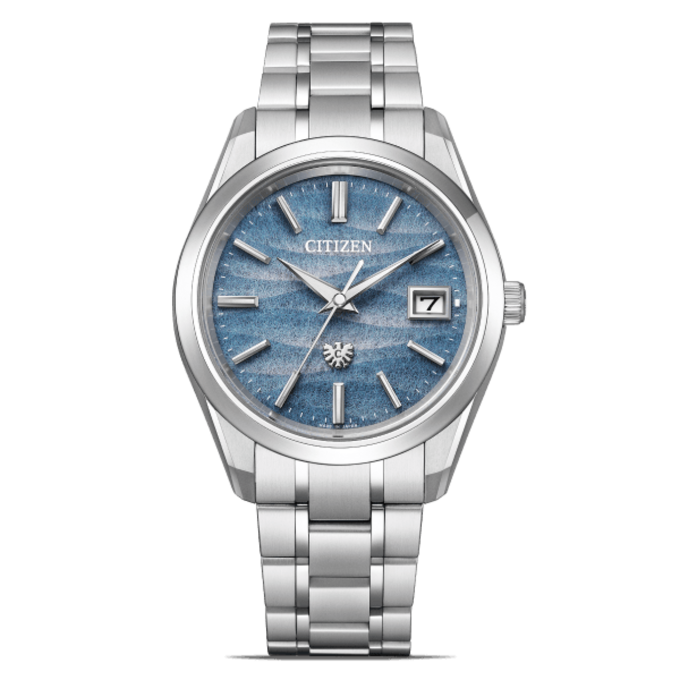Citizen-Uhr mit blauem Zifferblatt und silbernem Armband, elegantes Design.