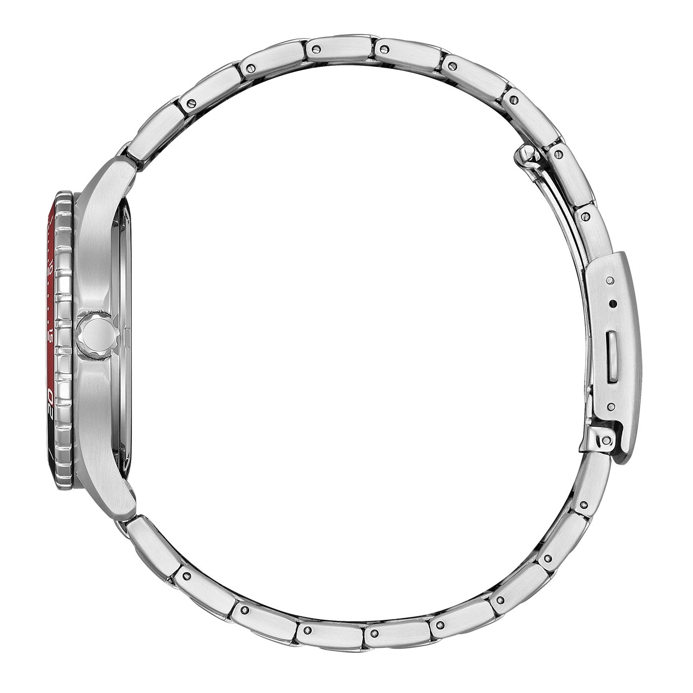 Silver watch with red bezel and metal strap, side view, isolated on white