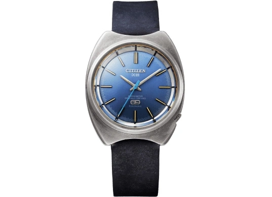 Citizen watch with a blue face and black strap, elegant design.