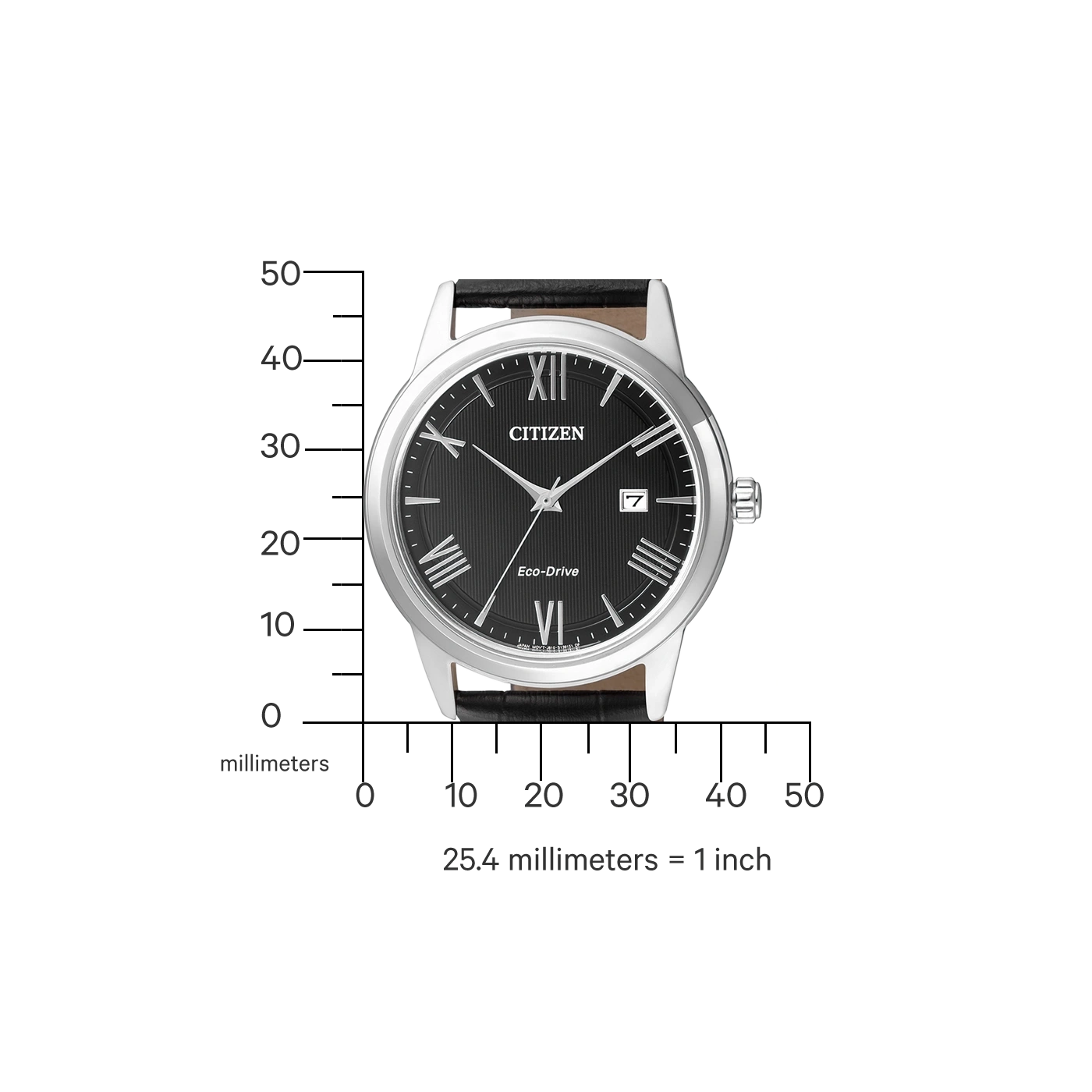 Citizen watch with black face and leather strap, measuring in millimeters.