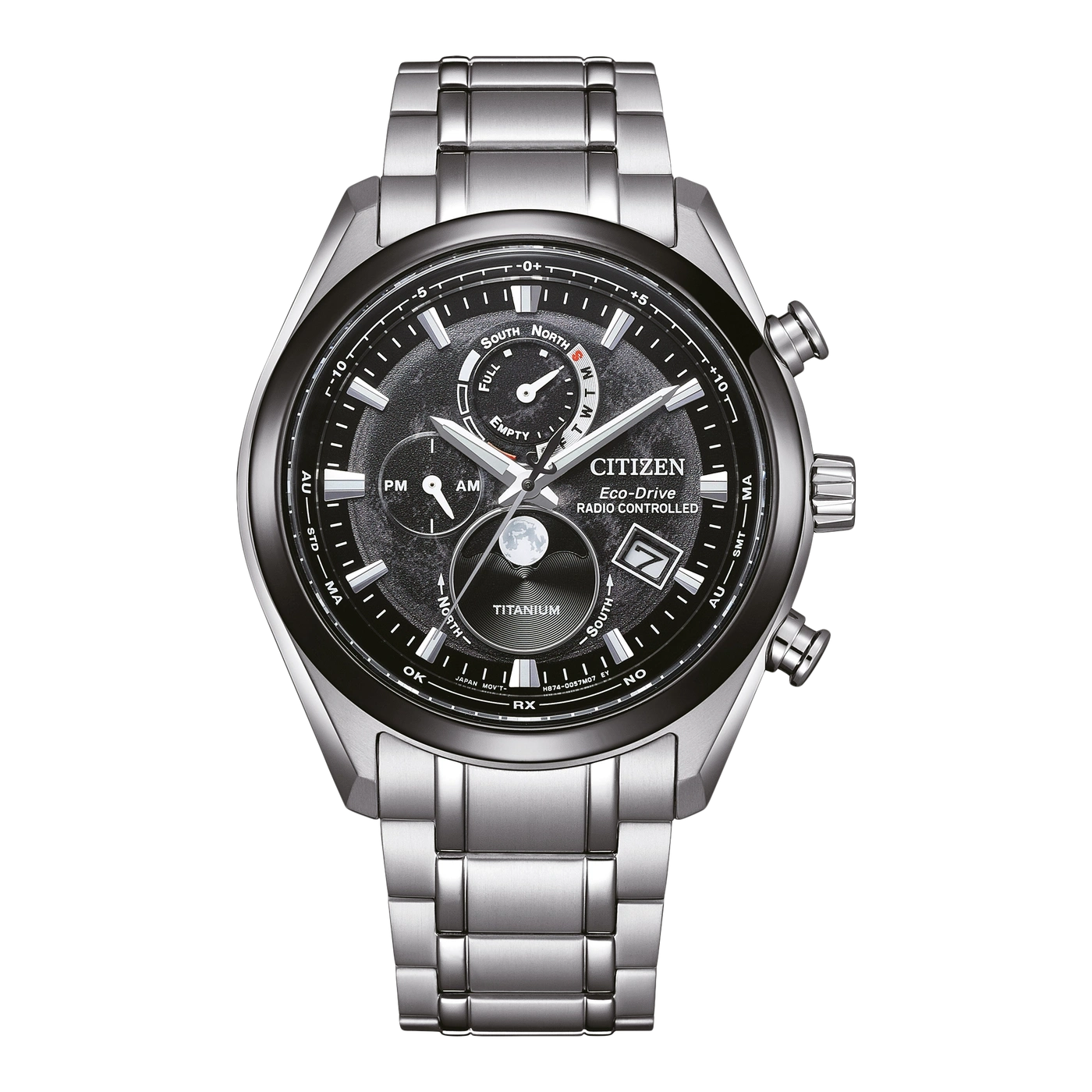 Citizen Eco-Drive watch with black dial, titanium, radio controlled, and date display.