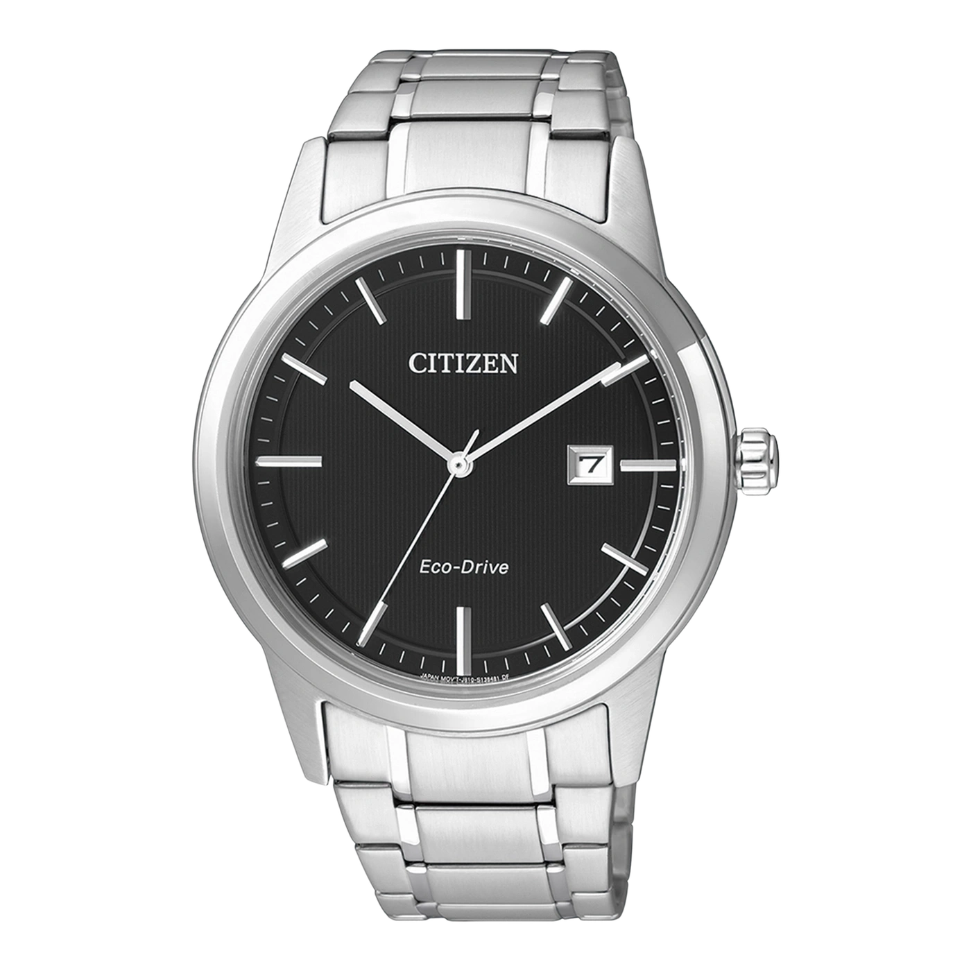 Citizen watch with black dial and silver strap, Eco-Drive technology.