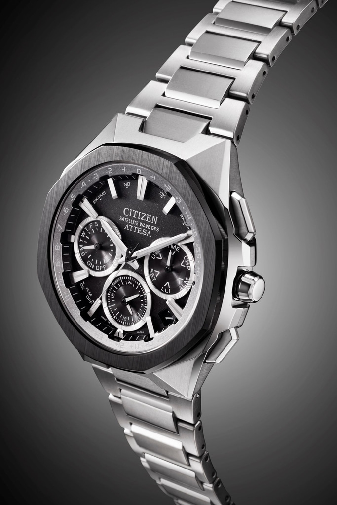Close-up of a Citizen Attesa watch with a black face and silver band.