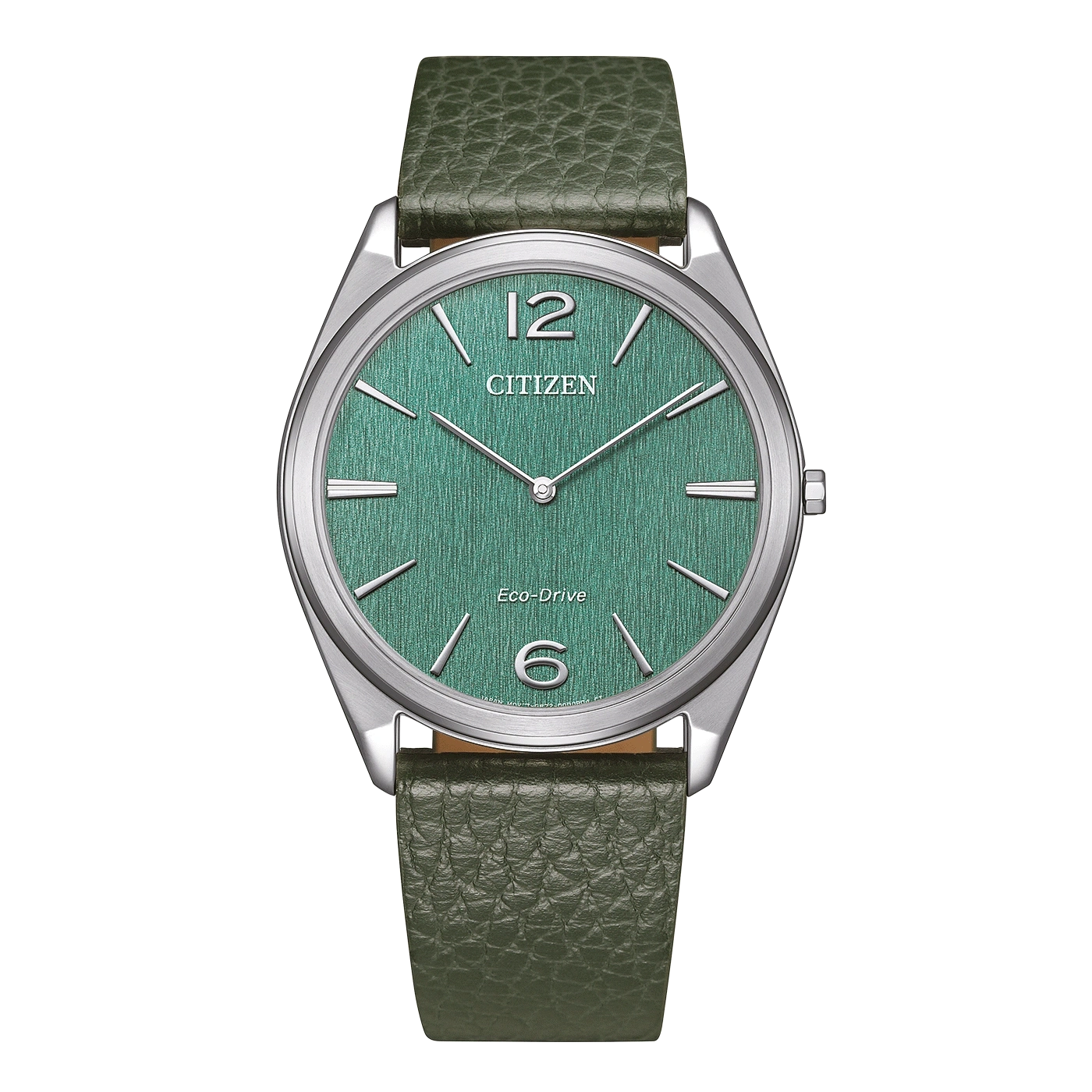 Citizen watch with green face and leather strap on green background
