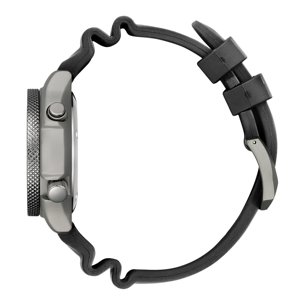 Side view of a black watch with a textured bezel and black strap.