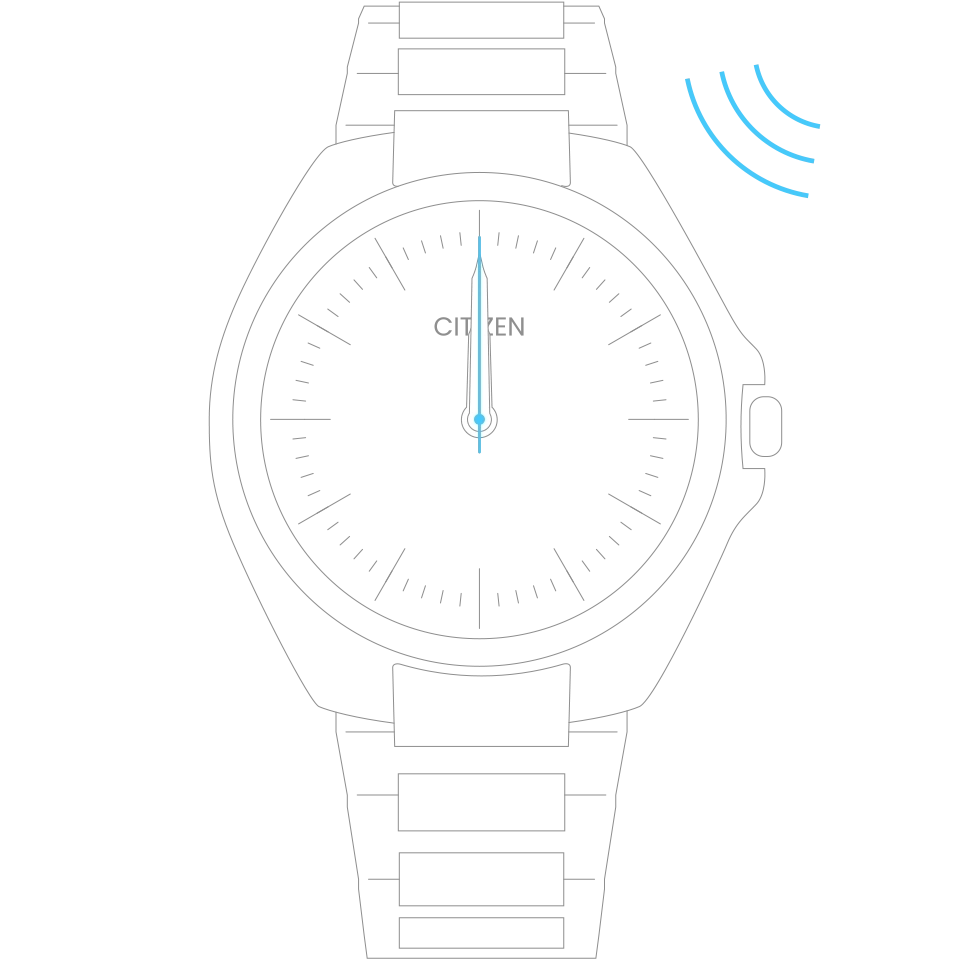 Citizen watch with a black face and blue hands, showing time.