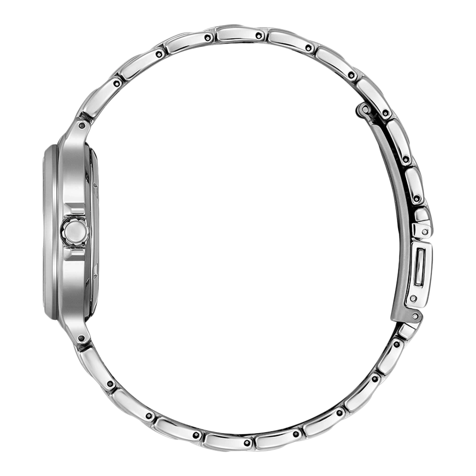 Silver watch with a circular band, side view, elegant design, shiny metal