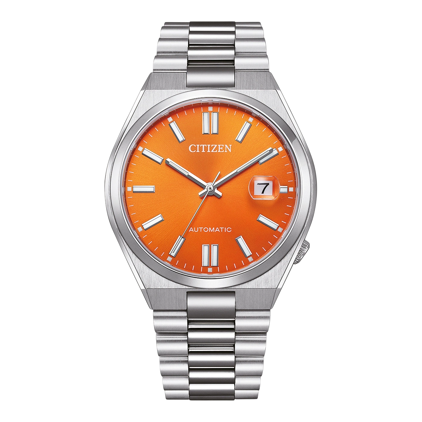 Citizen watch with orange dial and silver bracelet, automatic.