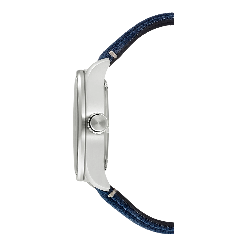 Side view of a silver watch with a blue fabric strap.