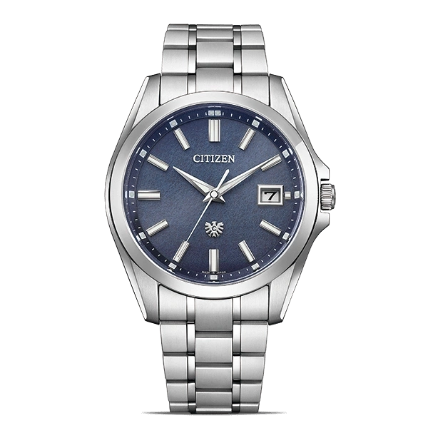 Citizen watch with a blue face and silver band, elegant design.