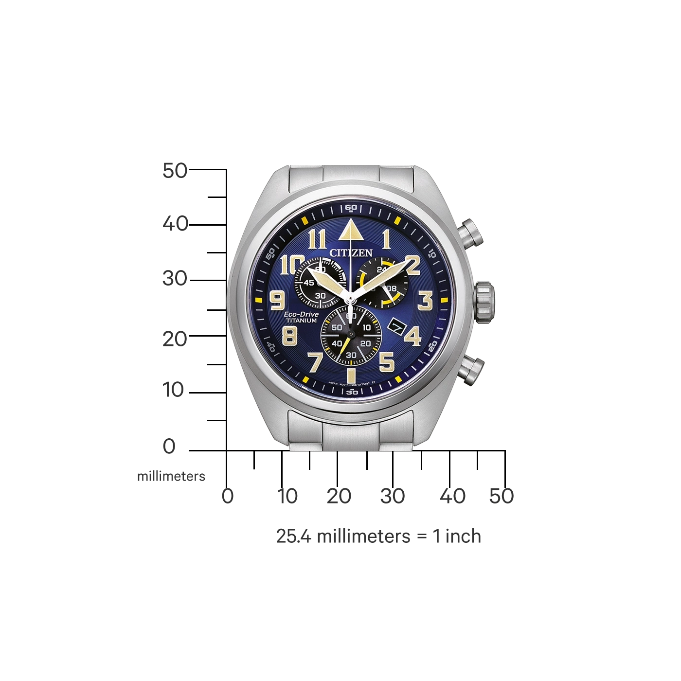 Citizen watch with blue face, titanium, chronograph, and Eco-Drive technology.