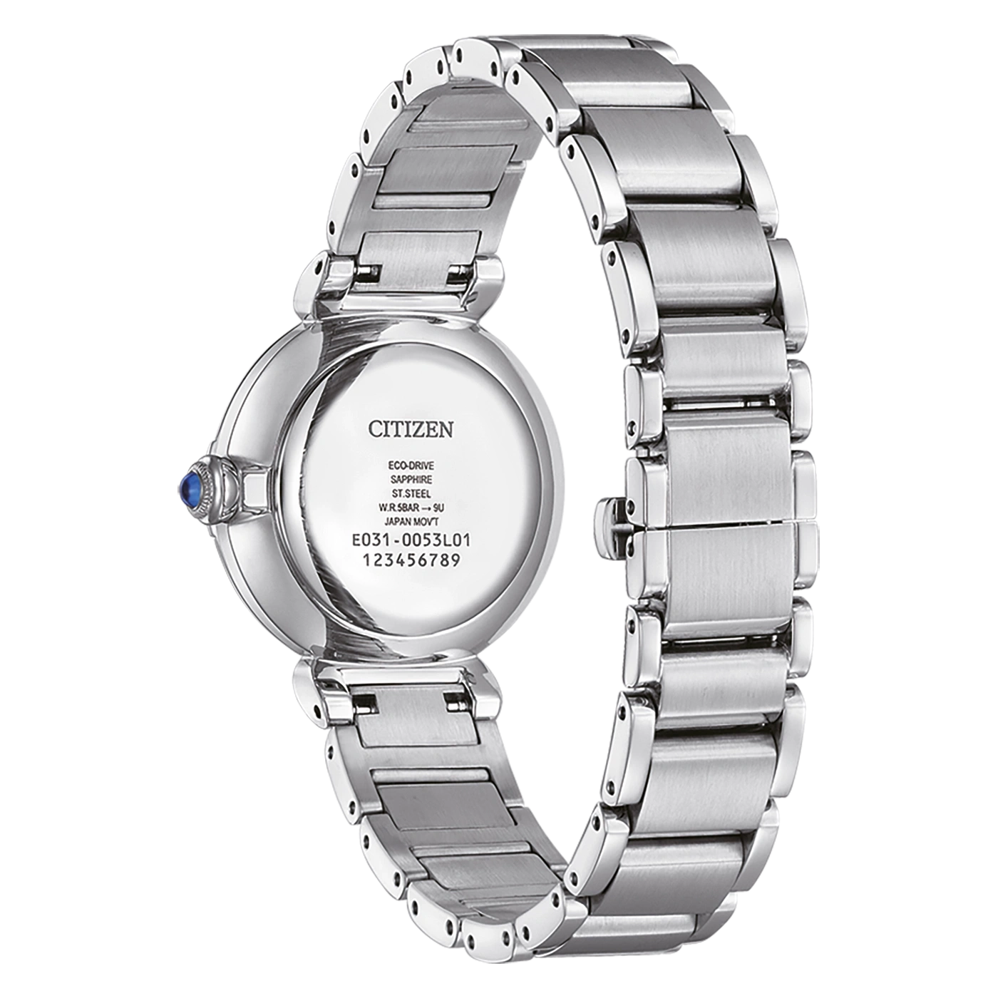 Citizen watch, stainless steel, Eco-Drive, sapphire, elegant design, close-up shot