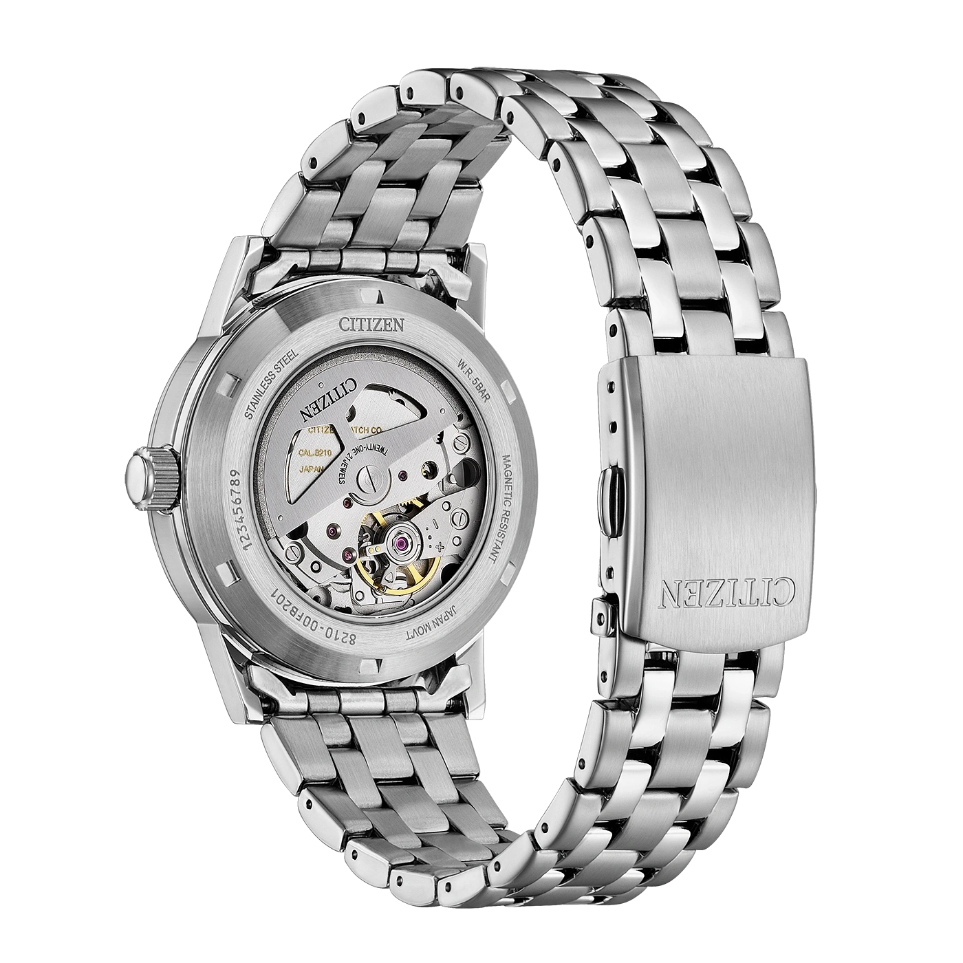Back of a stainless steel Citizen automatic watch with visible movement.