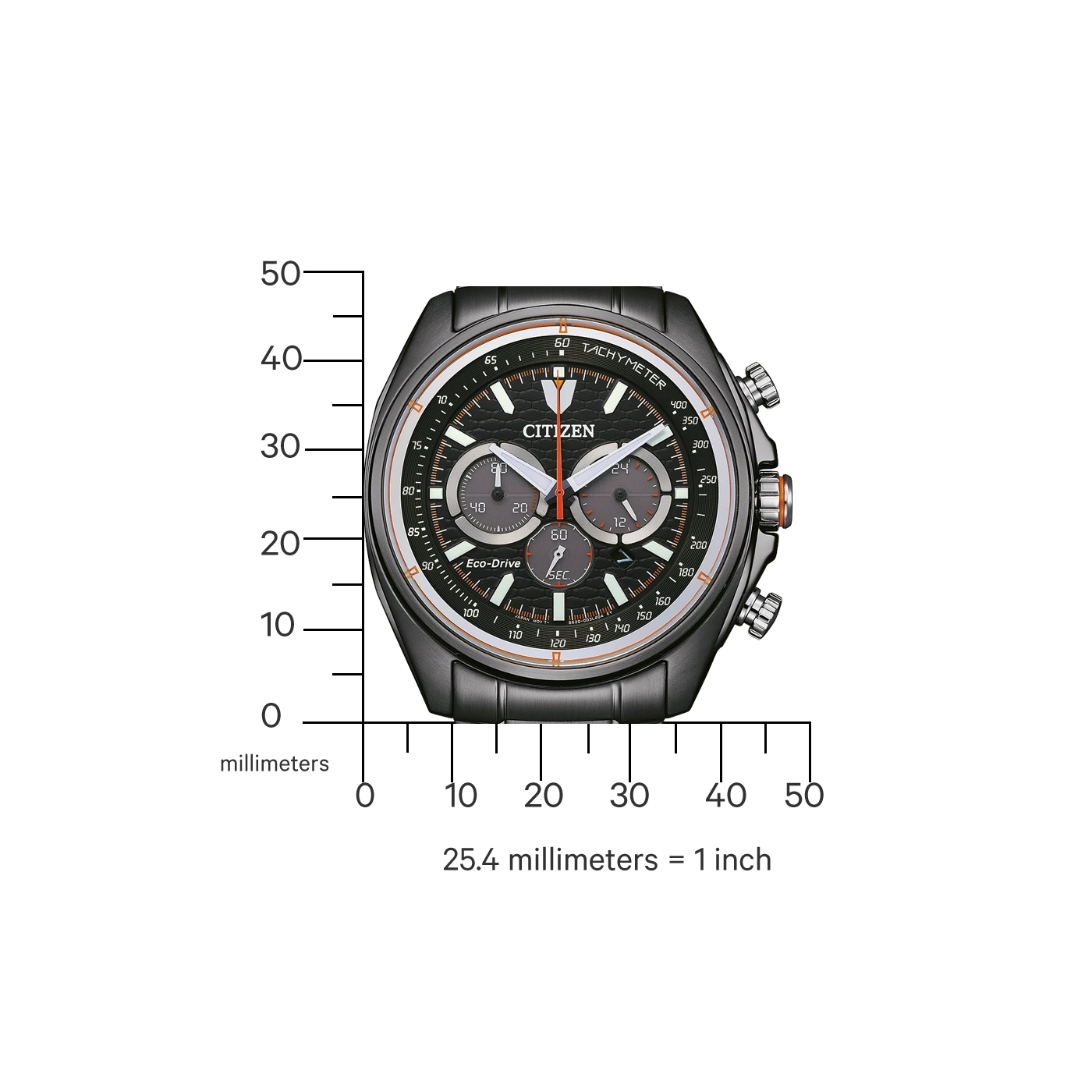 Citizen watch with tachymeter, Eco-Drive, and chronograph features, black and orange accents.