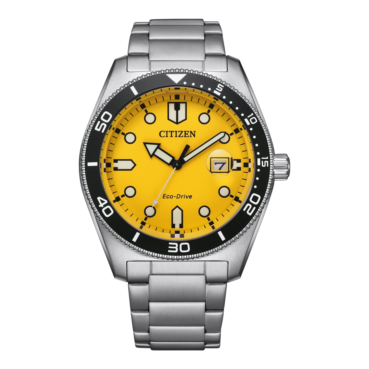 Citizen watch with yellow dial and black bezel, stainless steel bracelet