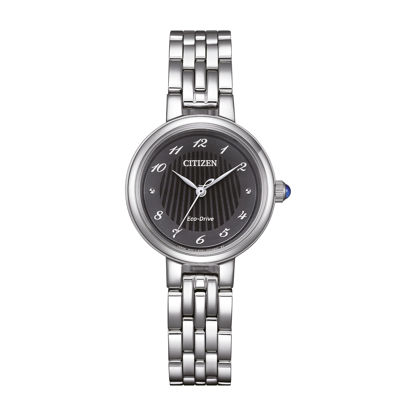 Citizen watch with black face, silver band, and Eco-Drive technology.