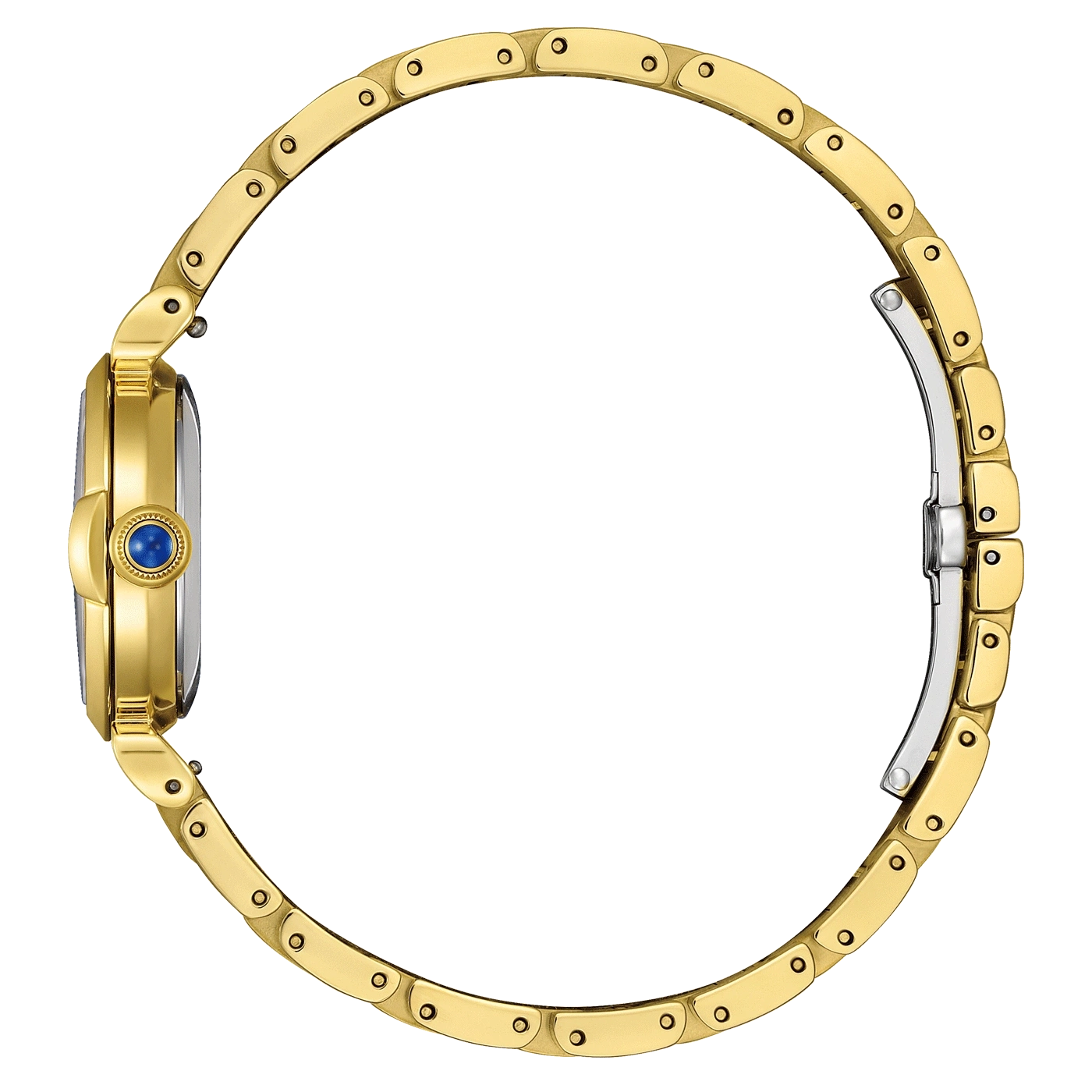 Gold watch with blue gem, side view, elegant design, luxury accessory