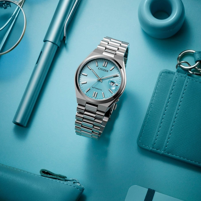 Citizen watch, pen, glasses, and accessories on a blue surface.