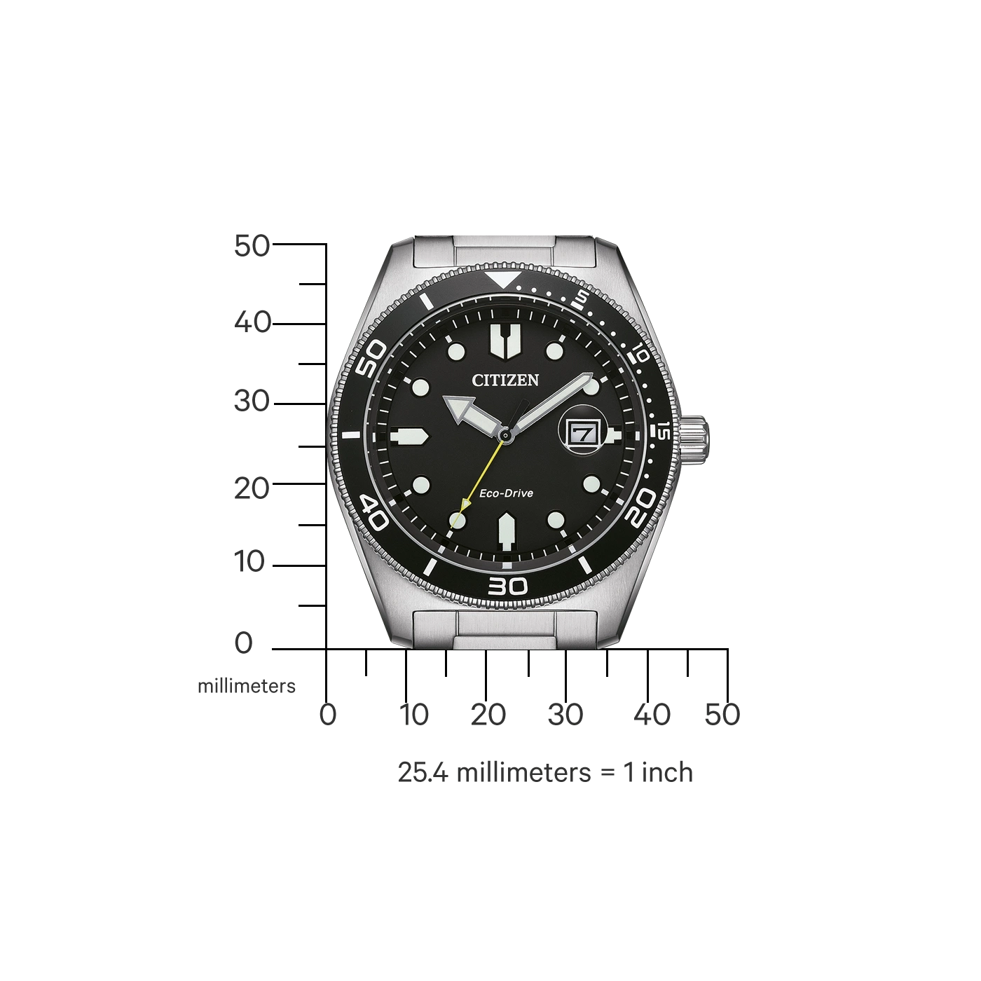 Citizen watch with black dial, Eco-Drive, and a scale in millimeters.