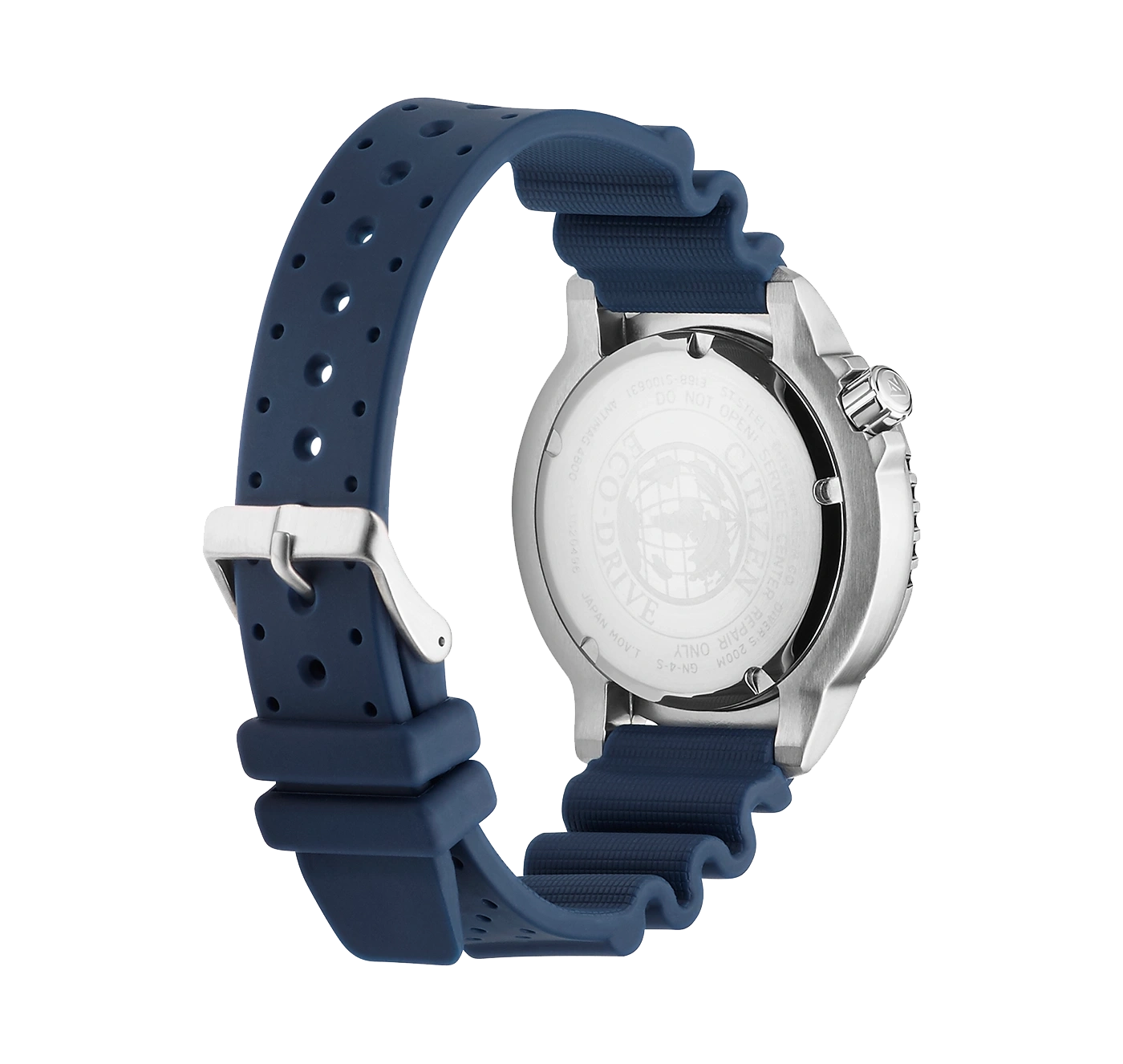 Citizen watch with blue strap, back view, stainless steel case, diving watch