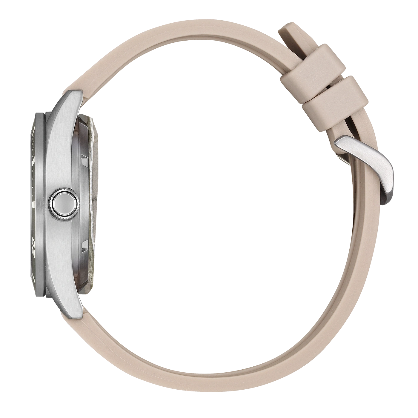 Side view of a beige watch with a silver buckle and crown.