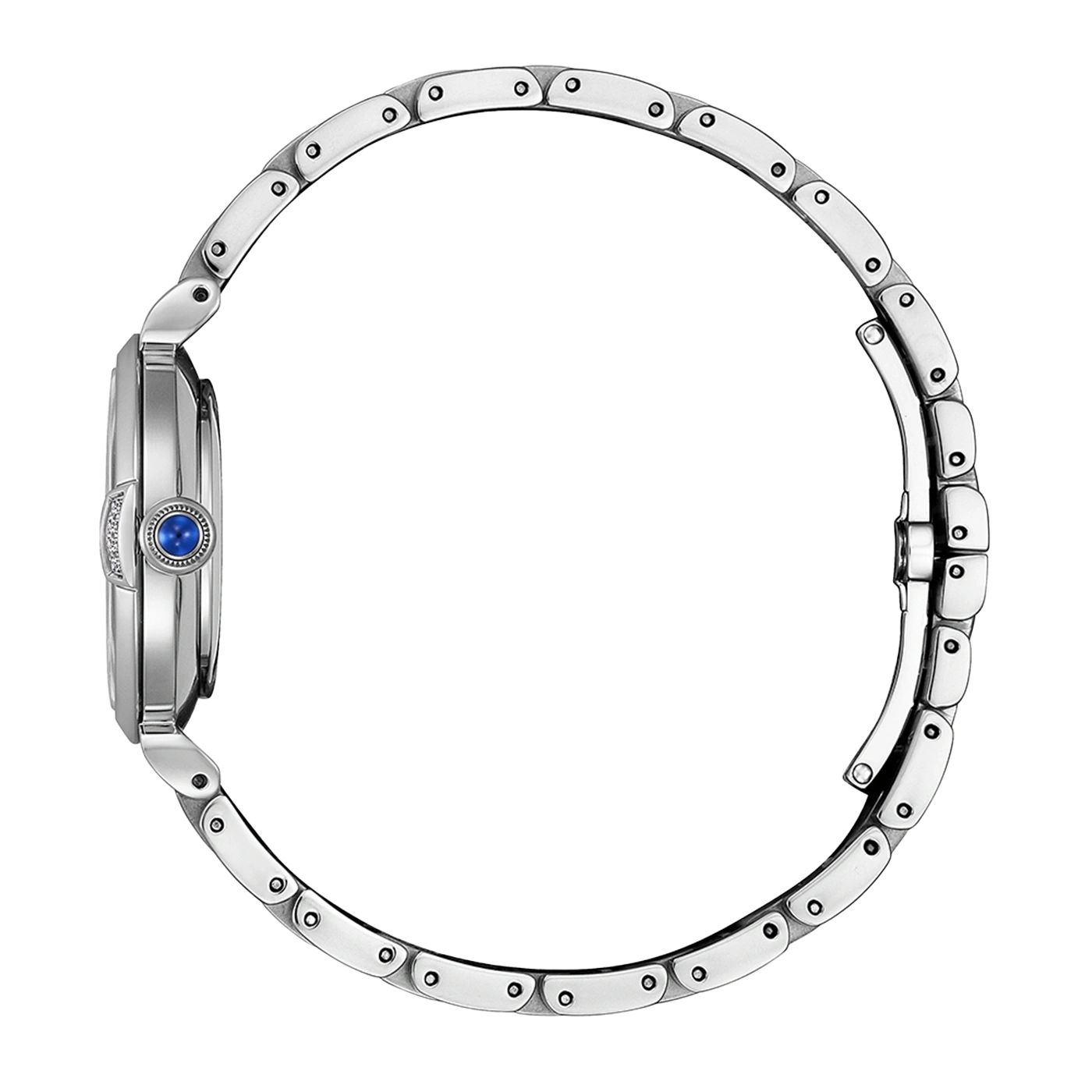 A silver watch with a blue gem on the side.