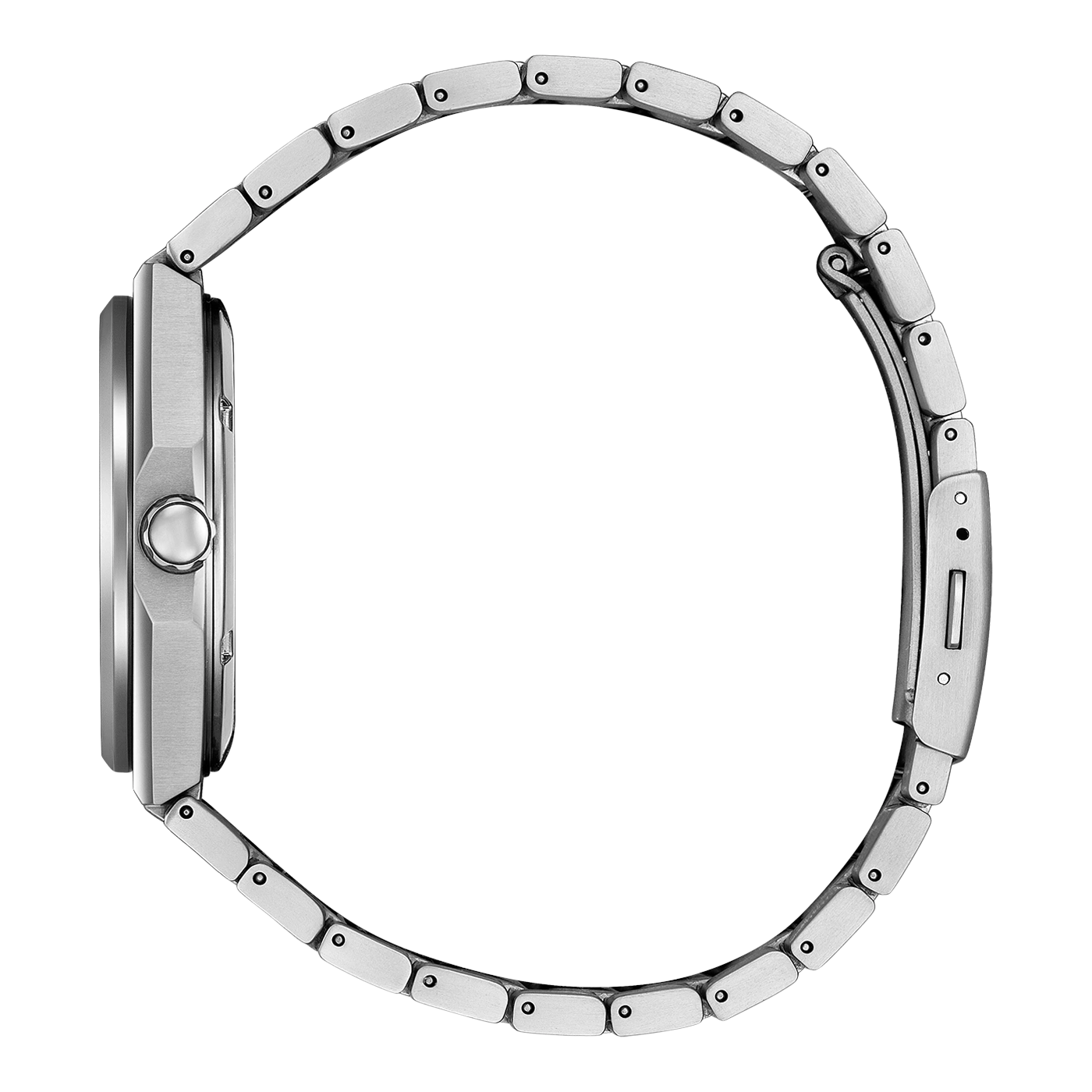 Side view of a silver watch with a metal strap on a black and white background.