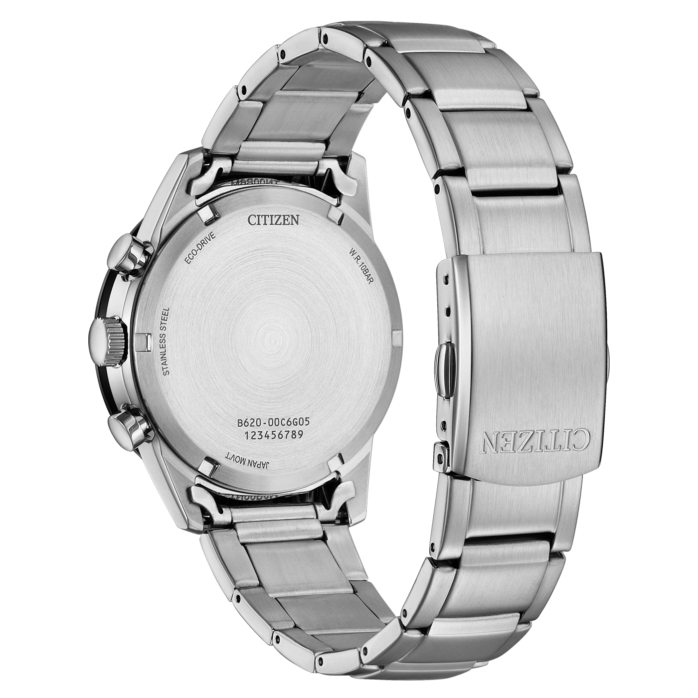 Citizen watch back, stainless steel, Eco-Drive, W.R. 10BAR, Japan Movt.