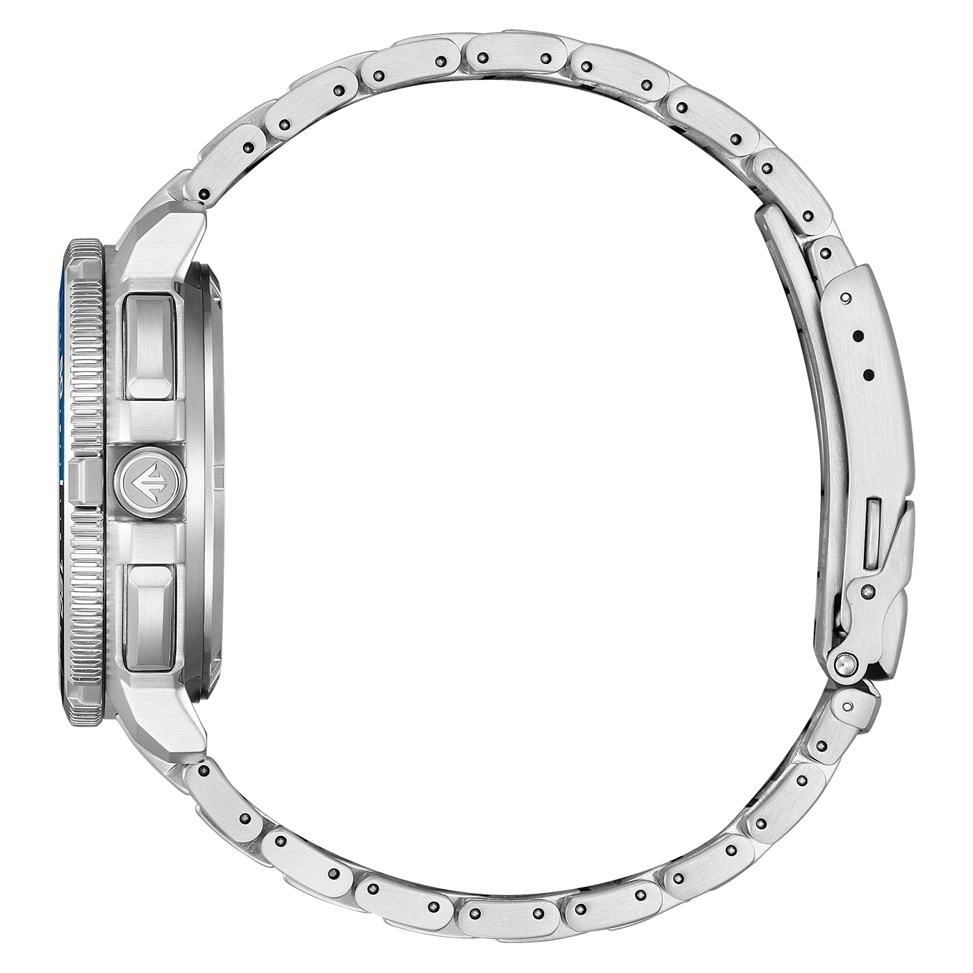 Side view of a stainless steel watch with a blue dial.